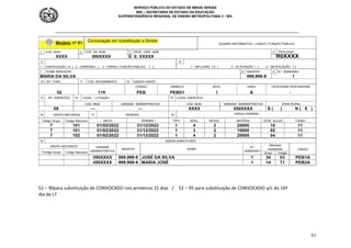 SERVIÇO PÚBLICO DO ESTADO DE MINAS GERAIS
SEE – SECRETARIA DE ESTADO DA EDUCAÇÃO
SUPERINTENDÊNCIA REGIONAL DE ENSINO METROPOLITANA C / MG
61
52 – 90para substituição de CONVOCADO nos primeiros 15 dias / 52 – 95 para substituição de CONVOCADO a/c do 16º
dia de LT
Convocação em substituição a Diretor
 