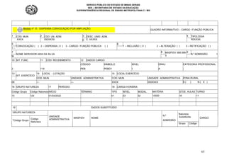 SERVIÇO PÚBLICO DO ESTADO DE MINAS GERAIS
SEE – SECRETARIA DE ESTADO DA EDUCAÇÃO
SUPERINTENDÊNCIA REGIONAL DE ENSINO METROPOLITANA C / MG
65
Modelo nº 15 : DISPENSA CONVOCAÇÃO POR AMPLIAÇÃO QUADRO INFORMATIVO – CARGO / FUNÇÃO PÚBLICA
1 COD. MUN.
XXXX
2 COD. UN. ADM.
050XXXX
3 DESC. UNID. ADM. .
E. XXXXX
4 TIPOLOGIA
R0XXXX
E
5
CONVOCAÇÃO ( ) 2 – DISPENSA ( X ) 3 - CARGO / FUNÇÃO PÚBLICA ( )
6
1 – INCLUSÃO ( X ) 2 – ALTERAÇÃO ( ) 3 – RETIFICAÇÃO ( )
1 –
7
NOME SERVIDOR ARIA DA SILVA
8 MASP/DV 999.999-
9
9
N.º ADMISSÃO 1
M
10 SIT. FUNC. 11 CÓD. RECEBIMENTO 12 DADOS CARGO
CÓDIGO SÍMBOLO NÍVEL GRAU CATEGORIA PROFISSIONAL
2 119 PEB PEBD1 I A -
13
SIT. EXERCÍCIO
14 LOCAL - LOTAÇÃO 15 LOCAL EXERCÍCIO
COD. MUN. UNIDADE ADMINISTRATIVA COD. MUN. UNIDADE ADMINISTRATIVA ZONA RURAL
09 --- --- XXXX 050XXXX S ( ) N ( X )
16 GRUPO NATUREZA 17 PERÍODO 18 CARGA HORÁRIA
Código Grupo Código Natureza INÍCIO TÉRMINO TIPO NÍVEL MODAL. MATÉRIA QTDE. AULAS TURNO
10 125 01/03/2022 01 03 02 10000 16 11
19 DADOS SUBSTITUÍDO
GRUPO NATUREZA
UNIDADE
ADMINISTRATIVA
MASP/DV NOME
N.º
ADMISSÃO
Natureza
Substituído CARGO
*Código Grupo
Código
Natureza
Grupo Código
 