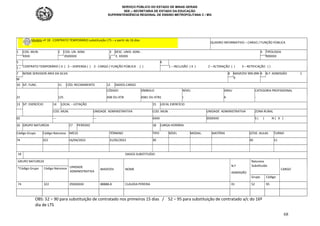 SERVIÇO PÚBLICO DO ESTADO DE MINAS GERAIS
SEE – SECRETARIA DE ESTADO DA EDUCAÇÃO
SUPERINTENDÊNCIA REGIONAL DE ENSINO METROPOLITANA C / MG
68
Modelo nº 18 : CONTRATO TEMPORÁRIO substituição LTS – a partir do 16 dias
QUADRO INFORMATIVO – CARGO / FUNÇÃO PÚBLICA
1 COD. MUN.
XXXX
2 COD. UN. ADM.
050XXXX
3 DESC. UNID. ADM. .
E. XXXXX
4 TIPOLOGIA
R0XXXX
E
5
CONTRATO TEMPORÁRIO ( X ) 2 – DISPENSA ( ) 3 - CARGO / FUNÇÃO PÚBLICA ( )
6
1 – INCLUSÃO ( X ) 2 – ALTERAÇÃO ( ) 3 – RETIFICAÇÃO ( )
1 –
7 NOME SERVIDOR ARIA DA SILVA 8 MASP/DV 999.999-
9
9 N.º ADMISSÃO 1
M
10 SIT. FUNC. 11 CÓD. RECEBIMENTO 12 DADOS CARGO
CÓDIGO SÍMBOLO NÍVEL GRAU CATEGORIA PROFISSIONAL
21 125 ASB OU ATB ASB1 OU ATB1 I A -
13 SIT. EXERCÍCIO 14 LOCAL - LOTAÇÃO 15 LOCAL EXERCÍCIO
COD. MUN. UNIDADE ADMINISTRATIVA COD. MUN. UNIDADE ADMINISTRATIVA ZONA RURAL
02 --- --- XXXX 050XXXX S ( ) N ( X )
16 GRUPO NATUREZA 17 PERÍODO 18 CARGA HORÁRIA
Código Grupo Código Natureza INÍCIO TÉRMINO TIPO NÍVEL MODAL. MATÉRIA QTDE. AULAS TURNO
74 322 16/04/2022 31/05/2022 30 30 11
19 DADOS SUBSTITUÍDO
GRUPO NATUREZA
UNIDADE
ADMINISTRATIVA
MASP/DV NOME
N.º
ADMISSÃO
Natureza
Substituído
CARGO
*Código Grupo Código Natureza
Grupo Código
74 322 050XXXXX 88888-8 CLAUDIA PEREIRA 01 52 95
OBS: 52 – 90 para substituição de contratado nos primeiros 15 dias / 52 – 95 para substituição de contratado a/c do 16º
dia de LTS
 