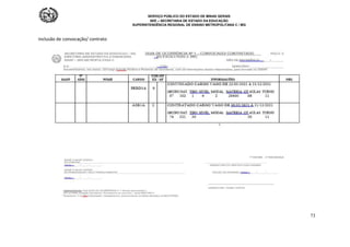 SERVIÇO PÚBLICO DO ESTADO DE MINAS GERAIS
SEE – SECRETARIA DE ESTADO DA EDUCAÇÃO
SUPERINTENDÊNCIA REGIONAL DE ENSINO METROPOLITANA C / MG
73
Inclusão de convocação/ contrato
 