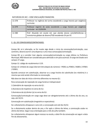 SERVIÇO PÚBLICO DO ESTADO DE MINAS GERAIS
SEE – SECRETARIA DE ESTADO DA EDUCAÇÃO
SUPERINTENDÊNCIA REGIONAL DE ENSINO METROPOLITANA C / MG
83
NATUREZAS DE AEC – COM VINCULAÇÃO FINANCEIRA
11-378 Professor na regência de turma excedendo a carga horaria por exigência
curricular.
11-379 Professor regente de aulas excedendo a carga horaria por exigência
curricular - lei 15293/04.
11-380 Prof. Atuando em escola est. que atenda alunos com/deficiências e
transtornos globais de desenv/TGD excedendo CH por EC
2 - Q.I. DE CONVOCADOS/CONTRATADOS:
Campo 06: só é alteração, se for mudar algo desde o início da convocação/contratação, caso
contrário, deverá ocorrer uma dispensa e uma nova convocação/contratação.
Campo 09: se o servidor tiver alguma convocação/contratação ou cargo efetivo na Prefeitura
Municipal, NÃO deverá ser considerado para admissão e sim para acúmulo. O cargo do Estado será
sempre 1º cargo.
Campo 11: código de recebimento é 119.
Campo 12: símbolo do cargo (não tem letra depois do número) – PEBS1 ou PEBD1 / ASBD1 / ATBD1
/ EEBD1.
Quando convocar em substituição, observar se a carga horária do substituído (no relatório) é a
mesma que está sendo informada na convocação.
Não deve ter data de início e término diferentes no mesmo Q.I.
Para convocação de reposição de carga horária é indispensável:
1.Calendário de reposição no verso do Q.I.
2.Assinatura da inspetora no verso do Q.I.
3.Assinatura do (a) diretor (a) no verso do Q.I.
Convocação/contratação em cargo vago deve ser obrigatoriamente até o último dia do ano, ou
seja, até 31/12.
Convocação em substituição (magistério e especialista):
Se o afastamento ultrapassar o ano civil, a convocação será até dia 31/12.
Se o afastamento acabar dentro do ano, e for após o último dia letivo, a convocação acaba no
último dia letivo. Seguir essa orientação para o mês de julho também.
Se o afastamento ultrapassar algum recesso na escola, a data fim da convocação vai seguir a data
fim do afastamento.
 