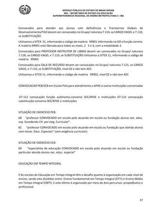 SERVIÇO PÚBLICO DO ESTADO DE MINAS GERAIS
SEE – SECRETARIA DE ESTADO DA EDUCAÇÃO
SUPERINTENDÊNCIA REGIONAL DE ENSINO METROPOLITANA C / MG
87
Convocados para atender aos alunos com deficiências e Transtornos Globais de
Desenvolvimento/TGD devem ser convocados no Grupo/ natureza 7.114, se CARGO VAGO, e 7.110,
se SUBSTITUIÇÃO.
Utilizamos a SITEX 21, informando o código de matéria 99901 informando na GO a função correta.
A matéria 99901 está liberada para todos os níveis, 2 3 e 4, com a modalidade 3.
Convocados para PROFESSOR INSTRUTOR DE LIBRAS devem ser convocados no Grupo/ natureza
7.118, se CARGO VAGO, e 7.110, se SUBSTITUIÇÃO Utilizamos a SITEX 11, informando o código de
matéria 99903
Convocados para SALA DE RECURSO devem ser convocados no Grupo/ natureza 7.115, se CARGO
VAGO, e 7.110, se SUBSTITUIÇÃO, nível 02 e não tem AEC.
Utilizamos a SITEX 11, informando o código de matéria 99902, nível 02 e não tem AEC
CONVOCACAO PEB/EEB em Escola Polo para atendimento a APAE e outras instituições conveniadas
07-112 convocação função autônoma-convenio SEE/APAE e instituições 07-113 convocação
substituição convenio SEE/APAE e instituições
SITUAÇÃO DE EXERCÍCIO PEB:
68 “professor CONVOCADO em escola polo atuando em escola ou fundação alunos nec. educ.
esp. Excedendo CH. por exig. Curricular”.
81 “professor CONVOCADO em escola polo atuando em escola ou fundação que atenda alunos
com neces. Educ. Especiais” (sem exigência curricular).
SITUAÇÃO DE EXERCÍCIO EEB:
69 “especialista de educação CONVOCADO em escola polo atuando em escola ou fundação
particular atenda alunos nec. educ. especial”
EDUCAÇÃO EM TEMPO INTEGRAL
 As escolas de Educação em Tempo Integral têm o desafio quanto à organização em cada nível de
ensino, sendo eles divididos entre: Ensino Fundamental em Tempo Integral (EFTI) e Ensino Médio
em Tempo Integral (EMTI). E este último é organizado por meio de dois percursos: propedêutico e
profissional.
 