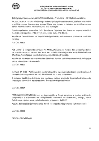 SERVIÇO PÚBLICO DO ESTADO DE MINAS GERAIS
SEE – SECRETARIA DE ESTADO DA EDUCAÇÃO
SUPERINTENDÊNCIA REGIONAL DE ENSINO METROPOLITANA C / MG
88
Estrutura curricular comum ao EMTI Propedêutico e Profissional – Atividades Integradoras
PROJETO DE VIDA - é uma metodologia de êxito que objetiva despertar nos jovens os seus sonhos
e ambições, o que desejam para as suas vidas e que pessoas pretendem ser, mobilizando-os a
pensar nos mecanismos necessários para essa realização.
Possui carga horária semanal de 2h/a. As aulas de Projeto de Vida devem ser sequenciadas (dois
módulos-aula seguidos) e não devem ser no início ou no final do dia.
As aulas de Eletivas devem ser sequenciadas (geminadas), evitando-se os primeiros e os últimos
horários.
MATÉRIA 98306
PÓS-MÉDIO - O componente curricular Pós-Médio, efetiva-se por meio de dois apoios importantes
para os estudantes do terceiro ano: aulas para o Enem e um conjunto de aulas denominado Um
Mundo de Possibilidades, elucidado em material didático estruturado.
As aulas de Pós-Médio serão distribuídas dentro do horário, conforme conveniência pedagógica,
exceto na primeira e na nona aula.
MATÉRIA 98305
ELETIVAS DA BNCC - As Eletivas tem caráter obrigatório e possuem abordagem interdisciplinar. A
turma escolhe um projeto e ele será desenvolvido no 1º e no 2º semestre.
O professor das Eletivas é definido pela escola por meio de ampliação de carga horária/extensão
(efetivo) ou convocação de acordo com a Área escolhida pelo estudante
MATÉRIA 98307
PRÁTICAS EXPERIMENTAIS Devem ser desenvolvidas a fim de aproximar a teoria e prática das
competências e habilidades dos componentes curriculares de Matemática, Biologia, Físicae
Química que estejam sendo trabalhados pelos professores da BNCC.
As aulas de Práticas Experimentais não devem ser colocadas nos primeiros e últimos horários
MATÉRIA 98308
ESTUDOS ORIENTADOS I
 