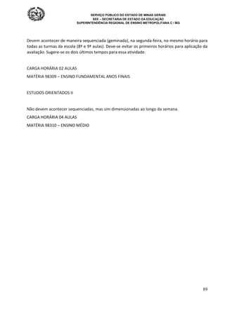 SERVIÇO PÚBLICO DO ESTADO DE MINAS GERAIS
SEE – SECRETARIA DE ESTADO DA EDUCAÇÃO
SUPERINTENDÊNCIA REGIONAL DE ENSINO METROPOLITANA C / MG
89
Devem acontecer de maneira sequenciada (geminada), na segunda-feira, no mesmo horário para
todas as turmas da escola (8ª e 9ª aulas). Deve-se evitar os primeiros horários para aplicação da
avaliação. Sugere-se os dois últimos tempos para essa atividade.
CARGA HORÁRIA 02 AULAS
MATÉRIA 98309 – ENSINO FUNDAMENTAL ANOS FINAIS
ESTUDOS ORIENTADOS II
Não devem acontecer sequenciadas, mas sim dimensionadas ao longo da semana.
CARGA HORÁRIA 04 AULAS
MATÉRIA 98310 – ENSINO MÉDIO
 