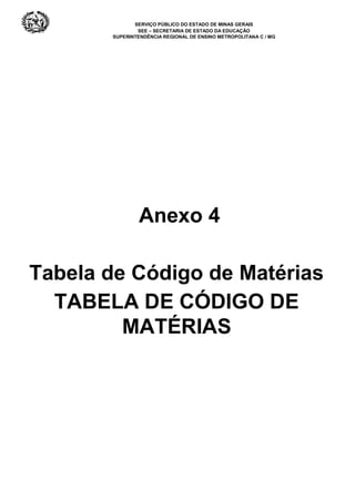 SERVIÇO PÚBLICO DO ESTADO DE MINAS GERAIS
SEE – SECRETARIA DE ESTADO DA EDUCAÇÃO
SUPERINTENDÊNCIA REGIONAL DE ENSINO METROPOLITANA C / MG
Anexo 4
Tabela de Código de Matérias
TABELA DE CÓDIGO DE
MATÉRIAS
 