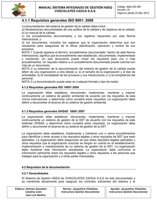 MANUAL SISTEMA INTEGRADO DE GESTIÓN HSEQ
CHOCOLATES CAOCA S.A.S.
Código: MAN-SIG-001
Versión: 01
Vigencia desde 25 Mar 2015
Elaboro: Holman González
Catalina León
Jose Luis Medina
Reviso: Jacqueline Villalobos
Instructora Gestión Documental
Aprobó: Jacqueline Villalobos
Instructora Gestión Documental
4.1.1 Requisitos generales ISO 9001: 2008
La documentación del sistema de gestión de la calidad debe incluir:
a) Declaraciones documentadas de una política de la calidad y de objetivos de la calidad,
b) un manual de la calidad,
c) los procedimientos documentados y los registros requeridos por esta Norma
Internacional, y
d) los documentos, incluidos los registros que la organización determina que son
necesarios para asegurarse de la eficaz planificación, operación y control de sus
procesos.
NOTA 1 Cuando aparece el término “procedimiento documentado” dentro de esta Norma
Internacional, significa que el procedimiento sea establecido, documentado, implementado
y mantenido. Un solo documento puede incluir los requisitos para uno o más
procedimientos. Un requisito relativo a un procedimiento documentado puede cubrirse con
más de un documento.
NOTA 2 La extensión de la documentación del sistema de gestión de la calidad puede
diferir de una organización a otra debido a: a) el tamaño de la organización y el tipo de
actividades, b) la complejidad de los procesos y sus interacciones, y c) la competencia del
personal.
NOTA 3 La documentación puede estar en cualquier formato o tipo de medio.
4.1.2 Requisitos generales ISO 14001:2004
La organización debe establecer, documentar, implementar, mantener y mejorar
continuamente un sistema de gestión ambiental de acuerdo con los requisitos de esta
norma internacional, y determinar cómo cumplirá estos requisitos. La organización debe
definir y documentar el alcance de su sistema de gestión ambiental.
4.1.3 Requisitos generales OHSAS 18001:2007
La organización debe establecer, documentar, implementar, mantener y mejorar
continuamente un sistema de gestión de la SST de acuerdo con los requisitos de este
estándar OHSAS, y determinar cómo cumplirá estos requisitos. La organización debe
definir y documentar el alcance de su sistema de gestión de la SST
La organización debe establecer, implementar y mantener uno o varios procedimientos
para identificar y tener acceso a los requisitos legales y otros requisitos de SST que sean
aplicables. La organización debe asegurarse de que estos requisitos legales aplicables y
otros requisitos que la organización suscriba se tengan en cuenta en el establecimiento,
implementación y mantenimiento de su sistema de gestión de la SST. La organización
debe mantener esta información actualizada. La organización debe comunicar la
información pertinente sobre los requisitos legales y otros requisitos a las personas que
trabajan para la organización y a otras partes interesadas.
4.2 Requisitos de la documentación
4.2.1 Generalidades
El Sistema de Gestión HSEQ de CHOCOLATES CAOCA S.A.S ha sido documentado y
es mantenido eficazmente para asegurar los controles suficientes del sistema y la
 