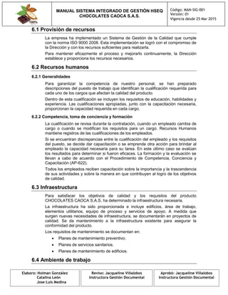 MANUAL SISTEMA INTEGRADO DE GESTIÓN HSEQ
CHOCOLATES CAOCA S.A.S.
Código: MAN-SIG-001
Versión: 01
Vigencia desde 25 Mar 2015
Elaboro: Holman González
Catalina León
Jose Luis Medina
Reviso: Jacqueline Villalobos
Instructora Gestión Documental
Aprobó: Jacqueline Villalobos
Instructora Gestión Documental
6.1 Provisión de recursos
La empresa ha implementado un Sistema de Gestión de la Calidad que cumple
con la norma ISO 9000 2008. Esta implementación se logró con el compromiso de
la Dirección y con los recursos suficientes para realizarla.
Para mantener eficazmente el proceso y mejorarlo continuamente, la Dirección
establece y proporciona los recursos necesarios.
6.2 Recursos humanos
6.2.1 Generalidades
Para garantizar la competencia de nuestro personal, se han preparado
descripciones del puesto de trabajo que identifican la cualificación requerida para
cada uno de los cargos que afectan la calidad del producto.
Dentro de esta cualificación se incluyen los requisitos de educación, habilidades y
experiencia. Las cualificaciones apropiadas, junto con la capacitación necesaria,
proporcionan la capacidad requerida en cada cargo.
6.2.2 Competencia, toma de conciencia y formación
La cualificación se revisa durante la contratación, cuando un empleado cambia de
cargo o cuando se modifican los requisitos para un cargo. Recursos Humanos
mantiene registros de las cualificaciones de los empleados.
Si se encuentran discrepancias entre la cualificación del empleado y los requisitos
del puesto, se decide dar capacitación o se emprende otra acción para brindar al
empleado la capacidad necesaria para su tarea. En este último caso se evalúan
los resultados para determinar si fueron eficaces. La formación y la evaluación se
llevan a cabo de acuerdo con el Procedimiento de Competencia, Conciencia y
Capacitación (AP-622).
Todos los empleados reciben capacitación sobre la importancia y la trascendencia
de sus actividades y sobre la manera en que contribuyen al logro de los objetivos
de calidad.
6.3 Infraestructura
Para satisfacer los objetivos de calidad y los requisitos del producto
CHOCOLATES CAOCA S.A.S. ha determinado la infraestructura necesaria.
La infraestructura ha sido proporcionada e incluye edificios, área de trabajo,
elementos utilitarios, equipo de proceso y servicios de apoyo. A medida que
surgen nuevas necesidades de infraestructura, se documentarán en proyectos de
calidad. Se da mantenimiento a la infraestructura existente para asegurar la
conformidad del producto.
Los requisitos de mantenimiento se documentan en:
 Planes de mantenimiento preventivo.
 Planes de servicios sanitarios.
 Planes de mantenimiento de edificios.
6.4 Ambiente de trabajo
 