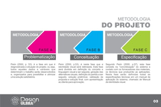 METODOLOGIA
DO PROJETO
Problematização
METODOLOGIA
FASE A
METODOLOGIA
FASE B
Conceituação
METODOLOGIA
FASE C
Especificação
Peón (2000, p. 53), é a fase em que é
diagnosticada a situação do projeto, ou seja,
todos aqueles dados e variáveis que
determinam o trabalho serão desenvolvidos
e, organizados para possibilitar e otimizar
uma solução satisfatória.
Peón (2000, p.53), é nesta fase que a
identidade visual será delineada. Esta fase
será dividida em definição do conceito e
linguagem visual a ser seguida, geração das
alternativas visuais, definição do partido a ser
seguido, solução preliminar, validação da
proposta e solução final, com apresentação
ao cliente para aprovação.
Segundo Peón (2000, p.57), esta fase
consiste na “concretização” do sistema e
contato com os fornecedores dos materiais,
os técnicos que produzirão as aplicações.
Nesta fase serão definidas todas as
especificações técnicas em um manual de
aplicação do sistema, chamado de Manual
de identidade visual.
03
 