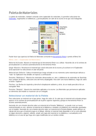 PaletadeMateriales
La paleta de materiales, también conocida como explorador de materiales, le permitirá seleccionar los
materiales, organizarlos en bibliotecas, y previsualizarlos sin salir de la escena en la que está trabajando.
Puede hacer que aparezca la Paleta de Materiales activando la Herramienta Pintar o yendo al Menú Ver.
Menú: (Ver > Explorador de Materiales)
Material Activado: Muestra el material que la Herramienta Pintar va a utilizar. Haciendo clic en la ventana de
previsualización se activará automáticamente la Herramienta Pintar.
Elegir Muestra: Reconocerá el material que usted seleccione de la escena y lo activará en el Explorador.
(Esta operación no seleccionará el color del píxel)
Material por Defecto: Coloca el material que tenga activado en ese momento como material por defecto o
"nulo" Se explicarán mas detalles al respecto a continuación.
Pestaña "Biblioteca": Muestra los materiales almacenados en .skm, o bibliotecas de materiales de SketchUp.
Para cambiar de librería, seleccione otra del menú desplegable. Para abrir una nueva biblioteca, haga clic sobre
el botón "Explorar".
Flechas: Las flechas de izquierda y derecha le desplazarán adelante y atrás, de un modo parecido al de un
navegador Web.
Pestaña "Modelo": Muestra los materiales aplicados a la escena. Los Materiales que permanecen aplicados
en elementos del modelo se muestran con un triangulo.
Seleccionar un material de la Paleta
Para seleccionar un material con el que pintar, haga clic sobre él. Se sabe que el material está activado porque
aparece en la ventana de previsualización de la parte superior izquierda y porque la Herramienta Pintar se
acciona automáticamente.
Haciendo clic con el botón derecho sobre un material de la Pestaña "Biblioteca", se puede crear un nuevo
material basado en este, eliminar el material de la biblioteca o añadirlo a la biblioteca de materiales guardados
con el modelo. Haciendo clic con el botón derecho sobre un material de la Pestaña Modelo, podrá obtener un
cálculo del área que el material ocupa en el dibujo, eliminar el material (solo disponible si no se está utilizando
en algún elemento u objeto), editarlo, añadir una copia del material en su biblioteca, o actualizarlo en la
biblioteca en el caso de que haya otra copia modificada con un nombre similar.
 