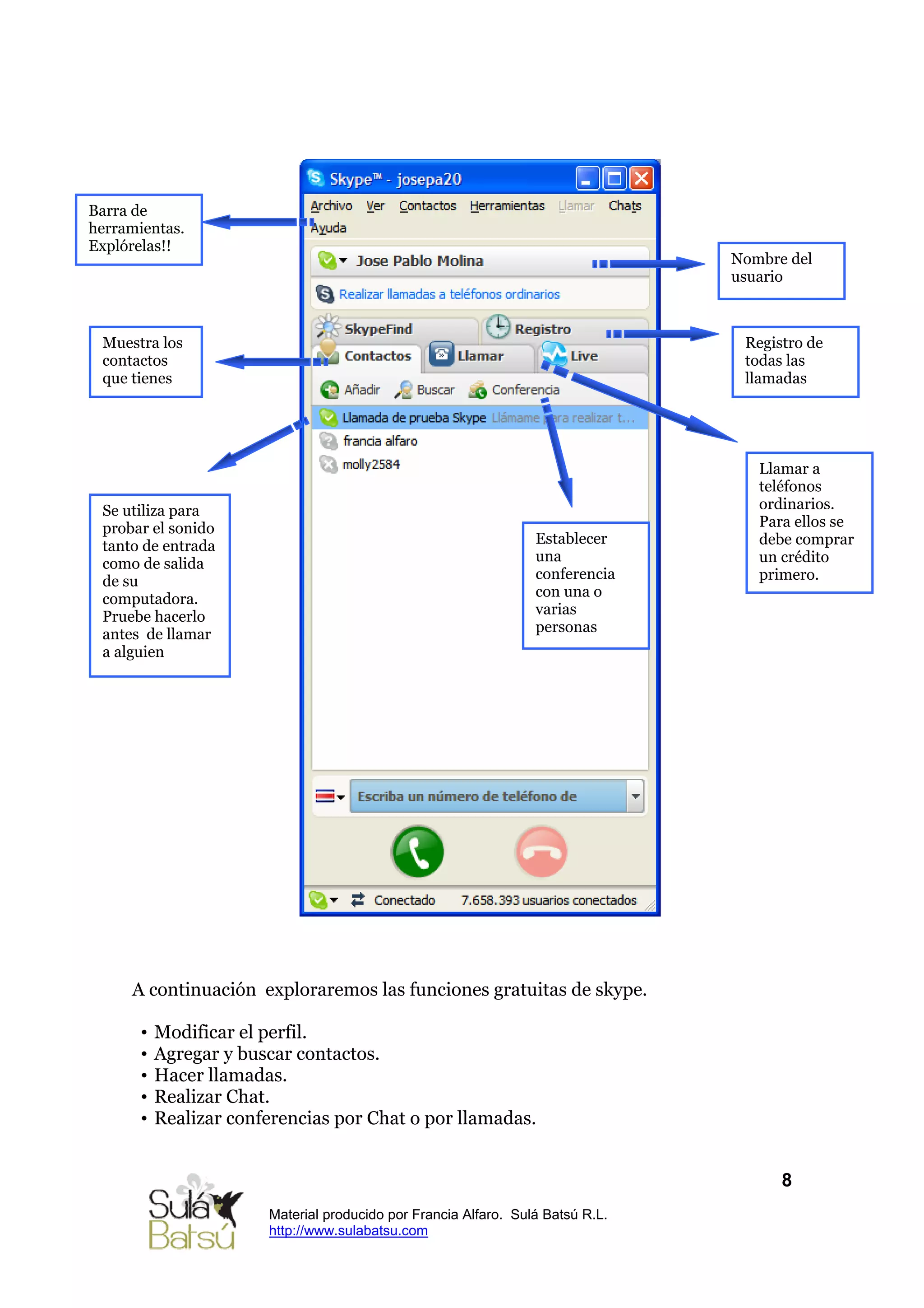 Barra de
herramientas.
Explórelas!!
                                                                                 Nombre del
                                                                                 usuario



 Muestra los                                                                      Registro de
 contactos                                                                        todas las
 que tienes                                                                       llamadas




                                                                                    Llamar a
                                                                                    teléfonos
 Se utiliza para                                                                    ordinarios.
 probar el sonido                                                                   Para ellos se
 tanto de entrada                                                 Establecer        debe comprar
 como de salida                                                   una               un crédito
 de su                                                            conferencia       primero.
 computadora.                                                     con una o
 Pruebe hacerlo                                                   varias
 antes de llamar                                                  personas
 a alguien




     A continuación exploraremos las funciones gratuitas de skype.

       •   Modificar el perfil.
       •   Agregar y buscar contactos.
       •   Hacer llamadas.
       •   Realizar Chat.
       •   Realizar conferencias por Chat o por llamadas.


                                                                                       8
                        Material producido por Francia Alfaro. Sulá Batsú R.L.
                        http://www.sulabatsu.com
 