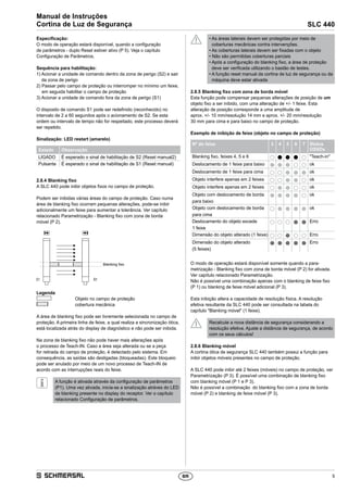 5
SLC 440
Manual de Instruções
Cortina de Luz de Segurança
BR
Especificação:
O modo de operação estará disponível, quando a configuração
de ­parâmetros - duplo Reset estiver ativo (P 5). Veja o capítulo
­Configuração de Parâmetros.
Sequência para habilitação:
1) Acionar a unidade de comando dentro da zona de perigo (S2) e sair
da zona de perigo
2) Passar pelo campo de proteção ou interromper no mínimo um feixe,
em seguida habilitar o campo de proteção
3) Acionar a unidade de comando fora da zona de perigo (S1)
O disposito de comando S1 pode ser redefinido (reconhecido) no
intervalo de 2 a 60 segundos após o acionamento de S2. Se esta
ordem ou intervalo de tempo não for respeitado, este processo deverá
ser repetido.
Sinalização: LED restart (amarelo)
Estado Observação
LIGADO É esperado o sinal de habilitação de S2 (Reset manual2)
Pulsante É esperado o sinal de habilitação de S1 (Reset manual)
2.8.4	Blanking fixo
A SLC 440 pode inibir objetos fixos no campo de proteção.
Podem ser inibidas várias áreas do campo de proteção. Caso numa
área de blanking fixo ocorram pequenas alterações, pode-se inibir
­adicionalmente um feixe para aumentar a tolerância. Ver capítulo
­relacionado Parametrização - Blanking fixo com zona de borda
móvel (P 2).
Blanking fixo
E1 R1
Legenda
E1 R1
	 Objeto no campo de proteção
E1 R1
	 cobertura mecânica
A área de blanking fixo pode ser livremente selecionada no campo de
proteção. A primeira linha de feixe, a qual realiza a sincronização ótica,
está localizada atrás do display de diagnóstico e não pode ser inibida.
Na zona de blanking fixo não pode haver mais alterações após
o processo de Teach-IN. Caso a área seja alterada ou se a peça
for retirada do campo de proteção, é detectado pelo sistema. Em
consequência, as saídas são desligadas (bloqueadas). Este bloqueio
pode ser anulado por meio de um novo processo de Teach-IN de
acordo com as interrupções reais do feixe.
A função é ativada através da configuração de parâmetros
(P1). Uma vez ativada, inicia-se a sinalização atráves do LED
de blanking presente no display do receptor. Ver o capítulo
relacionado Configuração de parâmetros.
• As áreas laterais devem ser protegidas por meio de
coberturas mecânicas contra intervenções.
• As coberturas laterais devem ser fixadas com o objeto
• Não são permitidas coberturas parciais
• Após a configuração do blanking fixo, a área de proteção
deve ser verificada utilizando o bastão de testes.
• A função reset manual da cortina de luz de segurança ou da
máquina deve estar ativada
2.8.5	Blanking fixo com zona de borda móvel
Esta função pode compensar pequenas alterações de posição de um
objeto fixo a ser inibido, com uma alteração de +/- 1 feixe. Esta
alteração de posição corresponde a uma amplitude de
aprox. +/- 10 mm/resolução 14 mm e aprox. +/- 20 mm/resolução
30 mm para cima e para baixo no campo de proteção.
Exemplo de inibição de feixe (objeto no campo de proteção)
Nº do feixe 3 4 5 6 7 Status
OSSDs
Blanking fixo, feixes 4, 5 e 6 ● ● ● ● ● Teach-in
Deslocamento de 1 feixe para baixo ● ● ● ● ● ok
Deslocamento de 1 feixe para cima ● ● ● ● ● ok
Objeto interfere apenas em 2 feixes ● ● ● ● ● ok
Objeto interfere apenas em 2 feixes ● ● ● ● ● ok
Objeto com deslocamento de borda
para baixo
● ● ● ● ● ok
Objeto com deslocamento de borda
para cima
● ● ● ● ● ok
Deslocamento do objeto excede
1 feixe
● ● ● ● ● Erro
Dimensão do objeto alterado (1 feixe) ● ● ● ● ● Erro
Dimensão do objeto alterado
(5 feixes)
● ● ● ● ● Erro
O modo de operação estará disponível somente quando a para­
metrização - Blanking fixo com zona de borda móvel (P 2) for ativada.
Ver capítulo relacionado Parametrização.
Não é possível uma combinação apenas com o blanking de feixe fixo
(P 1) ou blanking de feixe móvel adicional (P 3).
Esta inibição altera a capacidade de resolução física. A resolução
­efetiva resultante da SLC 440 pode ser consultada na tabela do
­capítulo Blanking móvel (1 feixe).
Recalcule a nova distância de segurança considerando a
resolução efetiva. Ajuste a distância de segurança, de acordo
com os seus cálculos!
2.8.6	Blanking móvel
A cortina ótica de segurança SLC 440 também possui a função para
inibir objetos móveis presentes no campo de proteção.
A SLC 440 pode inibir até 2 feixes (móveis) no campo de proteção, ver
Parametrização (P 3). É possível uma combinação de blanking fixo
com blanking móvel (P 1 e P 3).
Não é possível a combinação do blanking fixo com a zona de borda
móvel (P 2) e blanking de feixe móvel (P 3).
 