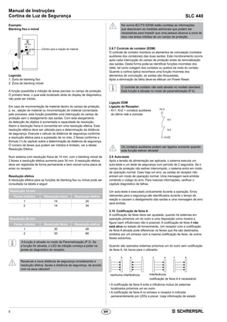 6
Manual de Instruções
Cortina de Luz de Segurança SLC 440
BR
Exemplo:
Blanking fixo e móvel
2
1
Cilindro para a injeção de material
Legenda:
1: Zona de blanking fixo
2: Zona de blanking móvel
A função possibilita a inibição de áreas parciais no campo de proteção.
O primeiro feixe, o qual está localizado atrás do display de diagnóstico,
não pode ser inibido.
Em caso de movimentação de material dentro do campo de proteção,
p. ex., ejeção de material ou movimentação de material comandada
pelo processo, esta função possibilita uma interrupção do campo de
proteção sem o desligamento das saídas. Com este alargamento
da detecção de objetos é aumentada a capacidade de resolução.
Assim a resolução física é convertida em uma resolução efetiva. Esta
resolução efetiva deve ser utilizada para a determinação da distância
de segurança. Execute o cálculo da distância de segurança conforme
a resolução efetiva para a supressão de no máx. 2 feixes conforme a
fórmula (1) do capítulo sobre a determinação da distância de segurança.
O número de feixes que podem ser inibidos é limitado, ver a tabela
Resolução Efetiva
Num sistema com resolução física de 14 mm, com o blanking móvel de
2 feixes a resolução efetiva aumenta para 34 mm. A resolução efetiva
deve ser registrada de forma permanente e bem visível numa placa de
aviso no receptor.
Resolução efetiva
A resolução efetiva para as funções de blanking fixo ou móvel pode ser
consultada na tabela a seguir:
Resolução 14 mm
Feixes inibidos Resolução física Resolução efetiva
1 14 24
2 14 34
Resolução 30 mm
Feixes inibidos Resolução física Resolução efetiva
1 30 48
2 30 68
A função é ativada no modo de Parametrização (P 3). Se
a função for ativada, o LED de inibição começa a pistar na
janela de diagnóstico do receptor.
Recalcule a nova distância de segurança considerando a
resolução efetiva. Ajuste a distância de segurança, de acordo
com os seus cálculos!
Na norma IEC/TS 62046 estão contidas as informações
que descrevem as medidas adicionais que podem ser
necessárias para impedir que uma pessoa alcance a zona de
risco nas áreas inibidas de um campo de proteção.
2.8.7	Controle de contator (EDM)
O controle de contator monitora os elementos de comutação (contatos
auxiliares dos contatores) das duas saídas. Este monitoramento ocorre
após cada interrupção do campo de proteção antes da reinicialização
das saídas. Desta forma pode-se identificar funções incorretas dos
relés, tal como colagem dos contatos ou quebra da mola do contato.
Quando a cortina óptica reconhece uma função incorreta dos
elementos de comutação, as saídas são bloqueadas.
Após a eliminação da falha deve-se efetuar um Power Reset.
O controle de contator não está ativado no modelo standard.
Está função é ativada no modo de parametrização (P 4).
Ligação EDM
Ligação do Receptor:
- Kn1, Kn2 = contatos auxiliares
do último relé a comutar
+24VDC
Kn1
Pin8
Kn2
Os contatos auxiliares podem ser ligados somente quando
esta função estiver ativada!
2.9	Auto-teste
Após a tensão de alimentação ser aplicada, o sistema executa um
auto-teste e um teste de segurança num período de 2 segundos. Se o
campo de proteção não estiver interrompido, o sistema entra em modo
de operação normal. Caso haja um erro, as saídas do receptor não
entram em modo de operação normal. Uma mensagem será emitida
contendo o código do erro. Para maiores informações, verificar o
­capitulo diagnóstico de falhas.
Um auto-teste é executado ciclicamente durante a operação. Erros
relevantes para a segurança são identificados durante o tempo de
reação e causam o desligamento das saídas e uma mensagem de erro
será emitida.
2.10	 Codificação de feixe A
A codificação de feixe deve ser ajustada, quando há sistemas em
operação próximos um do outro e uma disposição como mostra a
figura (sem influências) não é possível. A codificação de feixe A não
está ativa no estado de fornecimento. Um receptor com a codificação
de feixe A ativada pode diferenciar os feixes que lhe são destinados,
emitidos por um emissor com a mesma codificação de feixe, de outros
feixes estranhos.
Quando são operados sistemas próximos um do outro sem codificação
de feixe A, há riscos para o utilizador.
E ER R E RR E
nenhuma interferência Interferência:
codificação de feixe A é necessária!
• A codificação de feixe A evita a influência mútua de sistemas
localizados próximos um ao outro
• A codificação de feixe A no emissor e receptor é indicada
pemanentemente por LEDs a piscar  (veja informação de estado
 