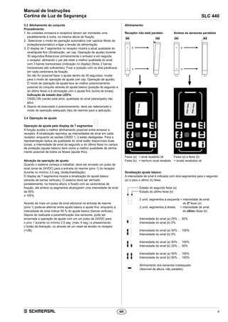 9
SLC 440
Manual de Instruções
Cortina de Luz de Segurança
BR
3.3	Alinhamento do conjunto
Procedimento:
1. As unidades emissora e receptora devem ser montadas uma
paralelamente à outra, na mesma altura de fixação.
2. Selecionar o modo de operação automático (ver capítulo Modo de
proteção/automático) e ligar a tensão de alimentação.
3. O display de 7 segmentos no receptor mostra a atual qualidade do
sinal/ajuste fino (Sinalização, ver cap. Operação de ajuste) durante
30 segundos.Rotacionar primeiramente o emissor e em seguida
o receptor, alinhando o par até obter a melhor qualidade do sinal
com 3 barras transversais (indicação no display) (Nota: 2 barras
transversais são suficientes). Fixar a posição com os dois parafusos
em cada cantoneira de fixação.
Se não for possível fazer o ajuste dentro de 30 segundos, mudar
para o modo de operação de ajuste (ver cap. Operação de ajuste).
O modo de operação de ajuste leva ao melhor posicionamento
­possível do conjunto através do ajuste básico (posição do segundo e
do último feixe) e à otimização com o ajuste fino (soma de sinais).
Indicação de estado dos LED's:
OSSD ON (verde) está ativo, qualidade do sinal (alaranjado) não
ativo
4. Depois de executado o posicionamento, deve ser selecionado o
modo de operação adequado (tipo de rearme) para a aplicação.
3.4	Operação de ajuste
Operação de ajuste pelo display de 7 segmentos
A função auxilia o melhor alinhamento possível entre emissor e
receptor. A sinalização reproduz as intensidades de sinal em cada
receptor, enquanto as saídas OSSD 1, 2 estão desligadas. Para a
representação óptica da qualidade do sinal estão disponíveis duas
zonas, a intensidade de sinal do segundo e do último feixe no campo
de proteção (ajuste básico) bem como a melhor qualidade de alinha-
mento possível de todos os feixes (ajuste fino).
Ativação da operação de ajuste:
Quando o sistema começa a trabalhar, deve ser enviado um pulso de
sinal (sinal de 24VDC) para a entrada do rearme (pino 1) do receptor
durante no mínimo 2,0 seg. (botão/habilitação).
O display de 7 segmentos mostra a sinalização do ajuste básico
(através de barras verticais). O sistema deve ser alinhado
paralelamente, na mesma altura, e fixado com as cantoneiras de
fixação, até ambos os segmentos alcançarem uma intensidade de sinal
de 50%
a 100%.
Através de mais um pulso de sinal adicional na entrada de rearme
(pino 1) pode-se alternar entre ajuste básico e ajuste fino, enquanto a
intensidade de sinal indicar 50 % do ajuste básico (barras verticais).
Depois de realizada a parametrização dos sensores, pode ser
encerrada a operação de ajuste com um um pulso de 24VDC para
o pino 1 durante no mínimo 2,5 seg. (máx. 6 seg.) e pressionando
o botão de liberação, ou através de um reset da tensão no receptor
(+UB).
Alinhamento:
Receptor não está paralelo Ambos os sensores paralelos
b
a
b
a
Feixe (a)	 = sinal recebido ok
Feixe (b)	 = nenhum sinal recebido
Feixe (a) e feixe (b)
= sinais recebidos ok
Sinalização ajuste básico:
A intensidade de sinal é indicada com dois segmentos para o segundo
(a) e para o último (b) feixe.
Estado do segundo feixe (a)
Estado do último feixe (b)
2 unid. segmentos à esquerda = intensidade de sinal
do 2º feixe (a)
2 unid. segmentos à direita = intensidade de sinal
do último feixe (b)
Intensidade do sinal (a) 25% … 50%
Intensidade do sinal (b) 0%
Intensidade do sinal (a) 50% … 100%
Intensidade do sinal (b) 0%
Intensidade do sinal (a) 50% … 100%
Intensidade do sinal (b) 25% … 50%
Intensidade do sinal (a) 50% … 100%
Intensidade do sinal (b) 50% … 100%
Alinhamento dos sensores inadequado
(desnível de altura, não paralelo)
 