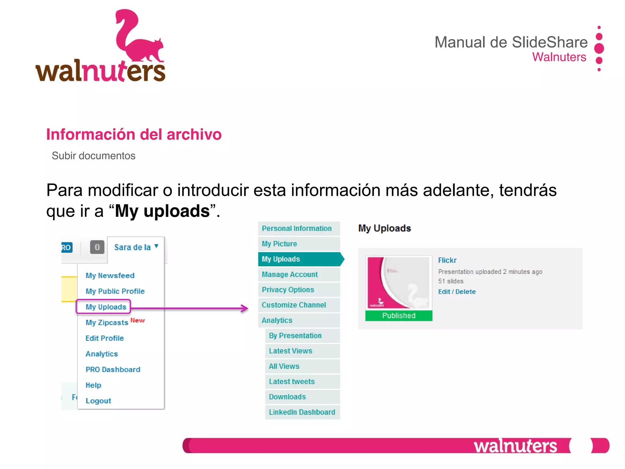 Información del archivo
Para modificar o introducir esta información más adelante, tendrás
que  ir  a  “My uploads”.
Manual de SlideShare
Walnuters
Subir documentos
 