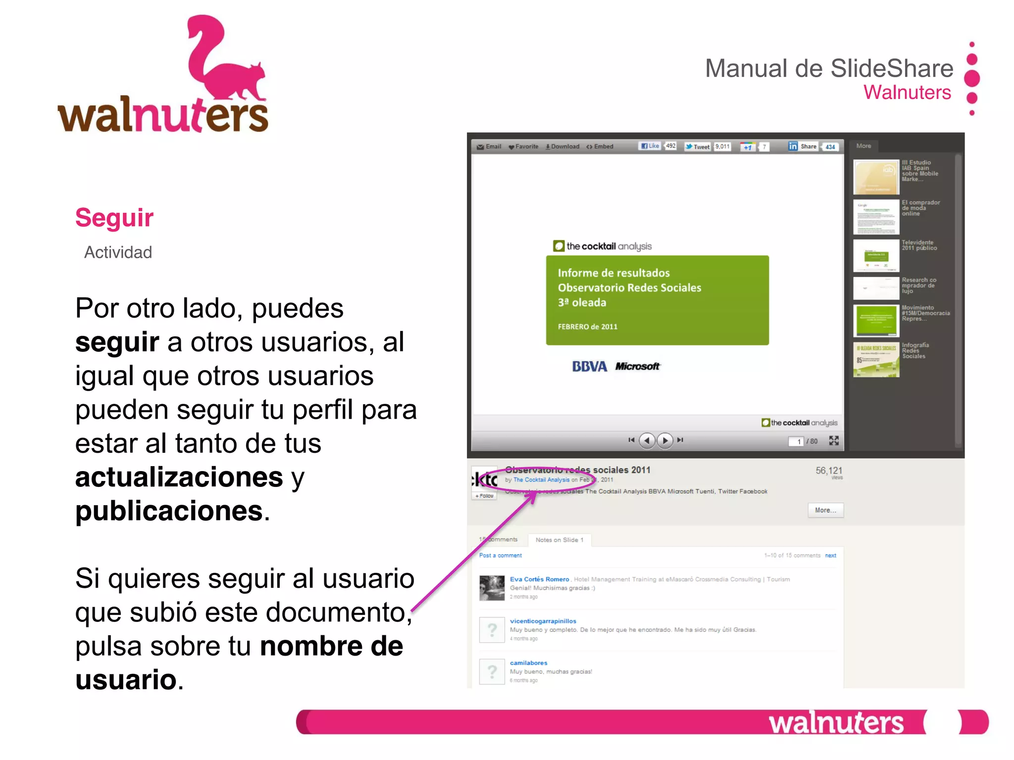 Seguir
Por otro lado, puedes
seguir a otros usuarios, al
igual que otros usuarios
pueden seguir tu perfil para
estar al tanto de tus
actualizaciones y
publicaciones.
Si quieres seguir al usuario
que subió este documento,
pulsa sobre tu nombre de
usuario.
Manual de SlideShare
Walnuters
Actividad
 