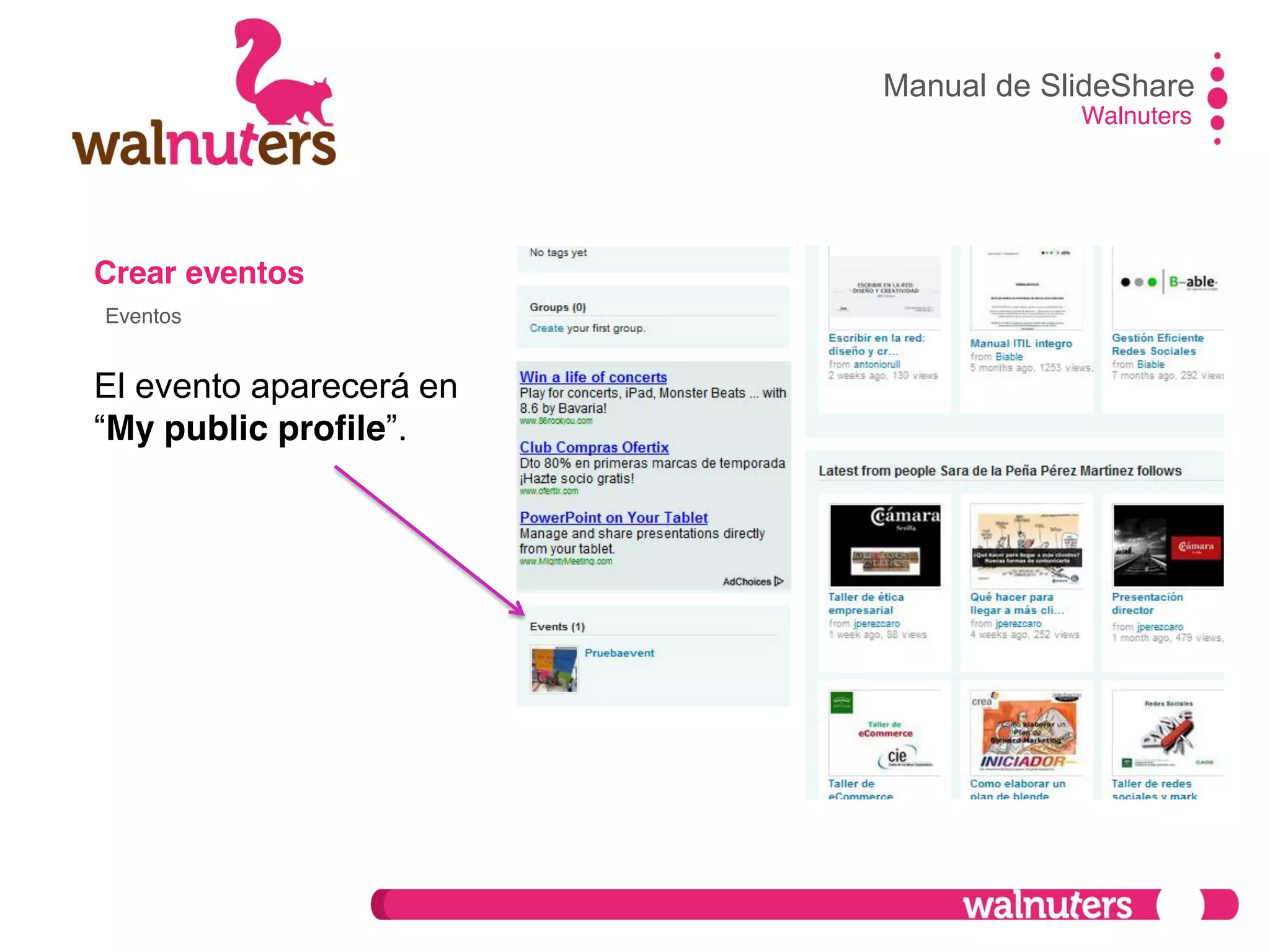 Crear eventos
El evento aparecerá en
“My public profile”.
Manual de SlideShare
Walnuters
Eventos
 