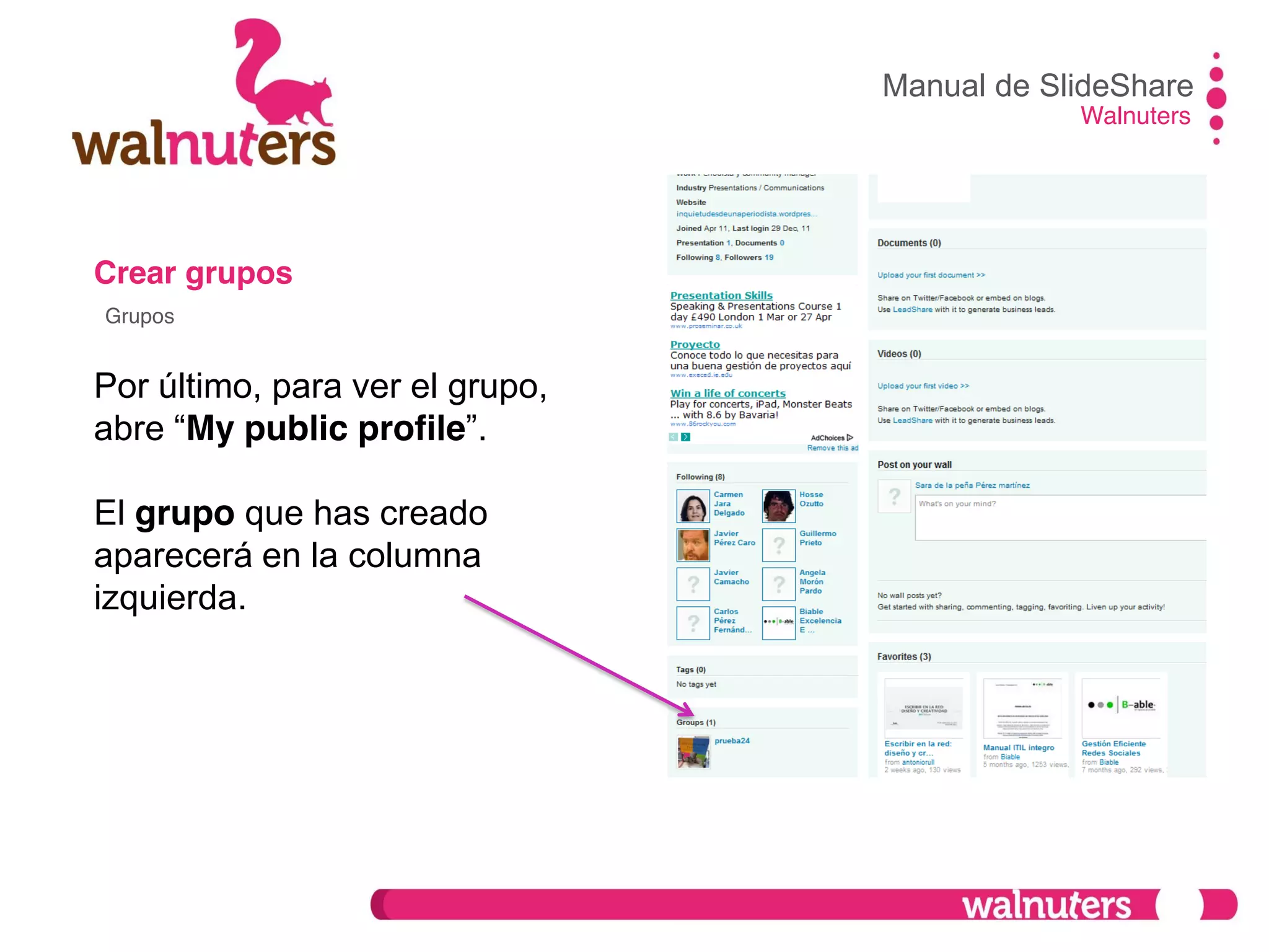 Crear grupos
Por último, para ver el grupo,
abre  “My public profile”.  
El grupo que has creado
aparecerá en la columna
izquierda.
Manual de SlideShare
Walnuters
Grupos
 
