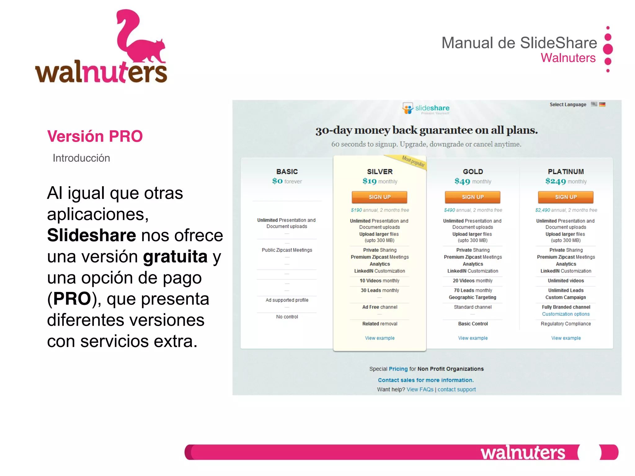 Versión PRO
Al igual que otras
aplicaciones,
Slideshare nos ofrece
una versión gratuita y
una opción de pago
(PRO), que presenta
diferentes versiones
con servicios extra.
Manual de SlideShare
Walnuters
Introducción
 