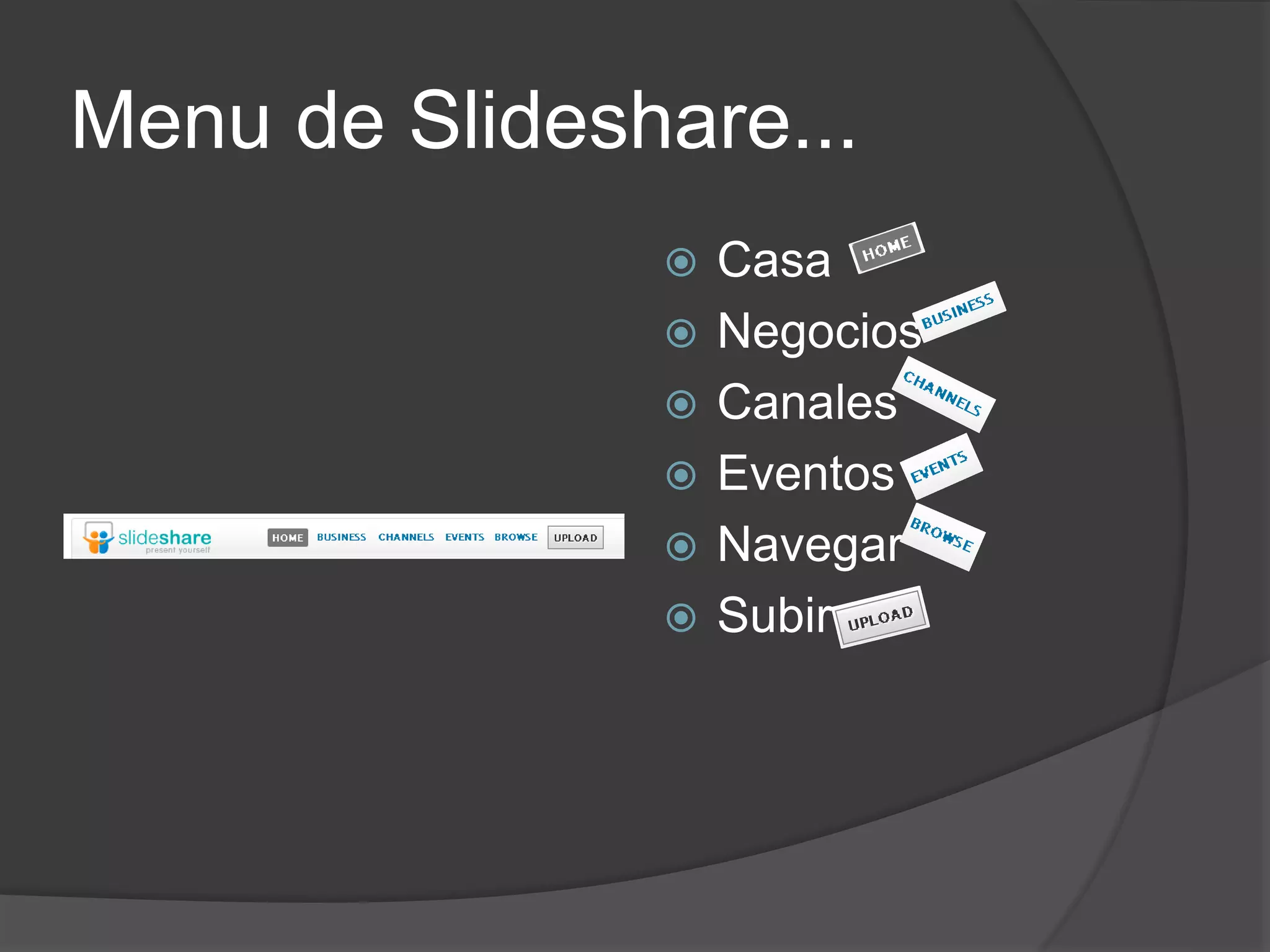 Menu de Slideshare...
 Casa
 Negocios
 Canales
 Eventos
 Navegar
 Subir
 