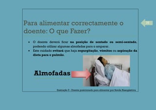 10
Para alimentar correctamente o
doente: O que Fazer?
O doente deverá ficar na posição de sentado ou semi-sentado,
podendo utilizar algumas almofadas para o amparar.
Este cuidado evitará que haja regurgitação, vómitos ou aspiração da
dieta para o pulmão.
Almofadas
Ilustração 5 - Doente posicionado para alimentar por Sonda Nasogástrica
 