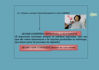 14
2.2 - Adaptar a seringa à Sonda Nasogástrica e tentar ASPIRAR
- SE SAIR CONTEÚDO: INTRODUZA–O NOVAMENTE
(É importante introduzir sempre os resíduos aspirados, uma vez
que são restos alimentares e de líquidos produzidos no estômago,
que fazem parte do processo de digestão)
- SE NÃO SAIR CONTEÚDO: Avaliar de outra forma
 