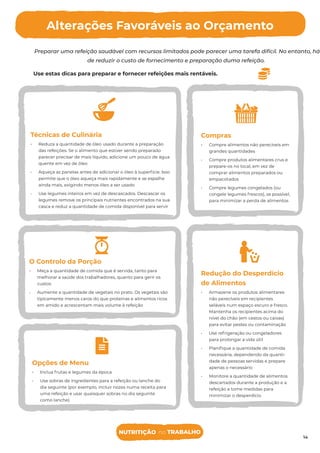 Técnicas de Culinária
• Reduza a quantidade de óleo usado durante a preparação
das refeições. Se o alimento que estiver sendo preparado
parecer precisar de mais líquido, adicione um pouco de água
quente em vez de óleo
• Aqueça as panelas antes de adicionar o óleo à superfície. Isso
permite que o óleo aqueça mais rapidamente e se espalhe
ainda mais, exigindo menos óleo a ser usado
• Use legumes inteiros em vez de descascados. Descascar os
legumes remove os principais nutrientes encontrados na sua
casca e reduz a quantidade de comida disponível para servir
NUTRITION that WORKS
Preparar uma refeição saudável com recursos limitados pode parecer uma tarefa difícil. No entanto, há
de reduzir o custo de fornecimento e preparação duma refeição.
Use estas dicas para preparar e fornecer refeições mais rentáveis.
Alterações Favoráveis ao Orçamento
O Controlo da Porção
• Meça a quantidade de comida que é servida, tanto para
melhorar a saúde dos trabalhadores, quanto para gerir os
custos
• Aumente a quantidade de vegetais no prato. Os vegetais são
tipicamente menos caros do que proteínas e alimentos ricos
em amido e acrescentam mais volume à refeição
Redução do Desperdício
de Alimentos
• Armazene os produtos alimentares
não perecíveis em recipientes
seláveis num espaço escuro e fresco.
Mantenha os recipientes acima do
nível do chão (em cestos ou caixas)
para evitar pestes ou contaminação
• Use refrigeração ou congeladores
para prolongar a vida útil
• Planiﬁque a quantidade de comida
necessária, dependendo da quanti-
dade de pessoas servidas e prepare
apenas o necessário
• Monitore a quantidade de alimentos
descartados durante a produção e a
refeição e tome medidas para
minimizar o desperdício
Opções de Menu
• Inclua frutas e legumes da época
• Use sobras de ingredientes para a refeição ou lanche do
dia seguinte (por exemplo, incluir nozes numa receita para
uma refeição e usar quaisquer sobras no dia seguinte
como lanche)
Compras
• Compre alimentos não perecíveis em
grandes quantidades
• Compre produtos alimentares crus e
prepare-os no local, em vez de
comprar alimentos preparados ou
empacotados
• Compre legumes congelados (ou
congele legumes frescos), se possível,
para minimizar a perda de alimentos
14
NUTRITIÇÃO no TRABALHO
 
