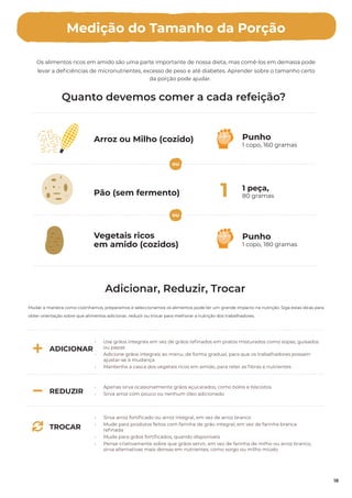 Quanto devemos comer a cada refeição?
Adicionar, Reduzir, Trocar
Os alimentos ricos em amido são uma parte importante de nossa dieta, mas comê-los em demasia pode
levar a deﬁciências de micronutrientes, excesso de peso e até diabetes. Aprender sobre o tamanho certo
da porção pode ajudar.
Medição do Tamanho da Porção
Mudar a maneira como cozinhamos, preparamos e seleccionamos os alimentos pode ter um grande impacto na nutrição. Siga estas dicas para
obter orientação sobre que alimentos adicionar, reduzir ou trocar para melhorar a nutrição dos trabalhadores.
ADICIONAR
• Use grãos integrais em vez de grãos reﬁnados em pratos misturados como sopas, guisados
ou papas
• Adicione grãos integrais ao menu, de forma gradual, para que os trabalhadores possam
ajustar-se à mudança
• Mantenha a casca dos vegetais ricos em amido, para reter as ﬁbras e nutrientes
• Sirva arroz fortiﬁcado ou arroz integral, em vez de arroz branco
• Mude para produtos feitos com farinha de grão integral, em vez de farinha branca
reﬁnada
• Mude para grãos fortiﬁcados, quando disponíveis
• Pense criativamente sobre que grãos servir, em vez de farinha de milho ou arroz branco,
sirva alternativas mais densas em nutrientes, como sorgo ou milho miúdo
• Apenas sirva ocasionalmente grãos açucarados, como bolos e biscoitos
• Sirva arroz com pouco ou nenhum óleo adicionado
REDUZIR
TROCAR
1 peça,
80 gramas
Pão (sem fermento) 1
Punho
1 copo, 180 gramas
Vegetais ricos
em amido (cozidos)
Punho
1 copo, 160 gramas
Arroz ou Milho (cozido)
18
ou
ou
 
