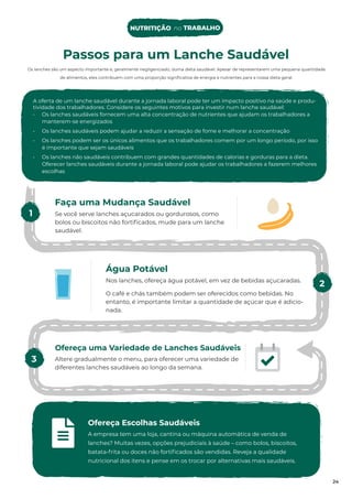 Os lanches são um aspecto importante e, geralmente negligenciado, duma dieta saudável. Apesar de representarem uma pequena quantidade
de alimentos, eles contribuem com uma proporção signiﬁcativa de energia e nutrientes para a nossa dieta geral.
Faça uma Mudança Saudável
Se você serve lanches açucarados ou gordurosos, como
bolos ou biscoitos não fortiﬁcados, mude para um lanche
saudável.
Água Potável
Nos lanches, ofereça água potável, em vez de bebidas açucaradas.
O café e chás também podem ser oferecidos como bebidas. No
entanto, é importante limitar a quantidade de açúcar que é adicio-
nada.
1
2
3
24
Ofereça Escolhas Saudáveis
A empresa tem uma loja, cantina ou máquina automática de venda de
lanches? Muitas vezes, opções prejudiciais à saúde – como bolos, biscoitos,
batata-frita ou doces não fortiﬁcados são vendidas. Reveja a qualidade
nutricional dos itens e pense em os trocar por alternativas mais saudáveis.
A oferta de um lanche saudável durante a jornada laboral pode ter um impacto positivo na saúde e produ-
tividade dos trabalhadores. Considere os seguintes motivos para investir num lanche saudável:
• Os lanches saudáveis fornecem uma alta concentração de nutrientes que ajudam os trabalhadores a
manterem-se energizados
• Os lanches saudáveis podem ajudar a reduzir a sensação de fome e melhorar a concentração
• Os lanches podem ser os únicos alimentos que os trabalhadores comem por um longo período, por isso
é importante que sejam saudáveis
• Os lanches não saudáveis contribuem com grandes quantidades de calorias e gorduras para a dieta.
Oferecer lanches saudáveis durante a jornada laboral pode ajudar os trabalhadores a fazerem melhores
escolhas
Passos para um Lanche Saudável
Ofereça uma Variedade de Lanches Saudáveis
Altere gradualmente o menu, para oferecer uma variedade de
diferentes lanches saudáveis ao longo da semana.
NUTRITIÇÃO no TRABALHO
 