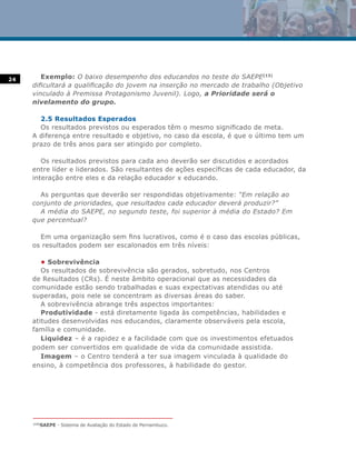 24      Exemplo: O baixo desempenho dos educandos no teste do SAEPE(13)
     dificultará a qualificação do jovem na inserção no mercado de trabalho (Objetivo
     vinculado à Premissa Protagonismo Juvenil). Logo, a Prioridade será o
     nivelamento do grupo.

       2.5 Resultados Esperados
       Os resultados previstos ou esperados têm o mesmo significado de meta.
     A diferença entre resultado e objetivo, no caso da escola, é que o último tem um
     prazo de três anos para ser atingido por completo.

        Os resultados previstos para cada ano deverão ser discutidos e acordados
     entre líder e liderados. São resultantes de ações específicas de cada educador, da
     interação entre eles e da relação educador x educando.

       As perguntas que deverão ser respondidas objetivamente: “Em relação ao
     conjunto de prioridades, que resultados cada educador deverá produzir?”
       A média do SAEPE, no segundo teste, foi superior à média do Estado? Em
     que percentual?

       Em uma organização sem fins lucrativos, como é o caso das escolas públicas,
     os resultados podem ser escalonados em três níveis:

        • Sobrevivência
        Os resultados de sobrevivência são gerados, sobretudo, nos Centros
     de Resultados (CRs). É neste âmbito operacional que as necessidades da
     comunidade estão sendo trabalhadas e suas expectativas atendidas ou até
     superadas, pois nele se concentram as diversas áreas do saber.
        A sobrevivência abrange três aspectos importantes:
        Produtividade - está diretamente ligada às competências, habilidades e
     atitudes desenvolvidas nos educandos, claramente observáveis pela escola,
     família e comunidade.
        Liquidez – é a rapidez e a facilidade com que os investimentos efetuados
     podem ser convertidos em qualidade de vida da comunidade assistida.
        Imagem – o Centro tenderá a ter sua imagem vinculada à qualidade do
     ensino, à competência dos professores, à habilidade do gestor.




        SAEPE - Sistema de Avaliação do Estado de Pernambuco.
     (13)
 