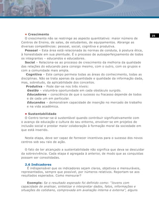 • Crescimento                                                                   25
   O crescimento não se restringe ao aspecto quantitativo: maior número de
Centros de Ensino, de salas, de estudantes, de equipamentos. Abrange as
diversas competências: pessoal, social, cognitiva e produtiva.
   Pessoal – Esta área está relacionada às normas de conduta, à postura ética,
à honestidade em sua plenitude. É o processo de autoaperfeiçoamento de todos
os integrantes – educandos e educadores.
   Social – Relaciona-se ao processo de crescimento da melhoria da qualidade
das relações do educando para consigo mesmo, com o outro, com os grupos e
com a comunidade mais ampla.
    Cognitiva – Este campo permeia todas as áreas do conhecimento, todas as
disciplinas. Não se trata apenas da quantidade e qualidade da informação dada,
mas, sobretudo, da aplicabilidade dos conceitos.
    Produtiva – Pode dar-se nos três níveis:
     Gestão – vislumbra oportunidade em cada obstáculo surgido.
     Educadores – consciência de que o sucesso ou fracasso depende de todos
    e de cada um em particular.
     Educandos – demonstram capacidade de inserção no mercado de trabalho
    e na vida acadêmica.

   • Sustentabilidade
   O Centro tornar-se-á sustentável quando contribuir significativamente com
o avanço da educação e cultura do seu entorno, envolver-se em projetos de
inclusão social e prestar maior colaboração à formação moral da sociedade em
que está inserido.

  Nesta etapa, deve ser capaz de fornecer incentivos para o sucesso dos novos
centros sob seu raio de ação.

  O fato de ter alcançado a sustentabilidade não significa que deva se descuidar
da sobrevivência. Cada etapa é agregada à anterior, de modo que as conquistas
possam ser consolidadas.

  2.6 Indicadores
    É indispensável que os indicadores sejam claros, objetivos e mensuráveis,
representados, sempre que possível, por números relativos. Reportam-se aos
resultados esperados. Como mensurar?

    Exemplo: Se o resultado esperado foi definido como: “Jovens com
capacidade de analisar, sintetizar e interpretar dados, fatos, informações e
situações do cotidiano, comprovada em avaliação interna e externa”, alguns
 