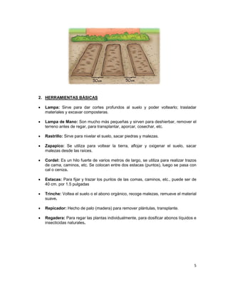 5
2. HERRAMIENTAS BÁSICAS
• Lampa: Sirve para dar cortes profundos al suelo y poder voltearlo; trasladar
materiales y excavar composteras.
• Lampa de Mano: Son mucho más pequeñas y sirven para deshierbar, remover el
terreno antes de regar, para transplantar, aporcar, cosechar, etc.
• Rastrillo: Sirve para nivelar el suelo, sacar piedras y malezas.
• Zapapico: Se utiliza para voltear la tierra, aflojar y oxigenar el suelo, sacar
malezas desde las raíces.
• Cordel: Es un hilo fuerte de varios metros de largo, se utiliza para realizar trazos
de cama, caminos, etc. Se colocan entre dos estacas (puntos), luego se pasa con
cal o ceniza.
• Estacas: Para fijar y trazar los puntos de las comas, caminos, etc., puede ser de
40 cm. por 1.5 pulgadas
• Trinche: Voltea el suelo o el abono orgánico, recoge malezas, remueve el material
suave.
• Repicador: Hecho de palo (madera) para remover plántulas, transplante.
• Regadera: Para regar las plantas individualmente, para dosificar abonos líquidos e
insecticidas naturales.
 