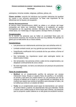 TÉCNICO SUPERIOR EN HIGIENE Y SEGURIDAD EN EL TRABAJO
                            Sociología


extranjeros; minorías raciales, religiosas, políticas, pobres, etc.

Clases sociales: conjunto de individuos que guardan relaciones de igualdad
en cuanto a sus recursos económicos. La base más importante de las
diferencias son la riqueza y la ocupación-

Niveles Socioeconómicos
El término Nivel Socioeconómico (NSE) se refiere a un atributo del hogar
compartido por todos sus miembros. Clasifica a la población en grupos
homogéneos en los siguientes estratos: AB-clase alta, C1-media alta, C2-
media típica, C3- media baja, D1-baja superior, D2-baja inferior, E-marginal.

Conglomerados
Es la reunión de personas que se hallan en proximidad física pero sin
comunicación recíproca, los vínculos de unión son muy débiles. Por ejemplo: la
gente que se halla dentro de un mismo distrito.

Características:
      Las personas son relativamente anónimas (son casi extrañas entre sí)
      Limitado contacto social, por muy grande que sea la proximidad física.
      Insignificante modificación de la conducta de los que entran a formar el
       conglomerado.
      Son territoriales (su importancia social está restringida dentro de
       determinados límites)
      Son temporales ( las personas entran y salen de los conglomerados y se
       desplazan continuamente de unos a otros)
      No está organizado. (no tiene una estructura con jerarquía de posiciones
       y funciones).

Tipos de conglomerados:
      Multitud: es un conglomerado pacífico de personas con escasa
       interacción mutua. Ocupa un espacio físico. Es pacífica y no excitable:
       es amorfa y solo tiene una unidad exterior. Ej. Las personas que van de
       compras el sábado por la tarde a un supermercado se distinguen de la
       multitud que espera que cambie el semáforo para atravesar la calle y de
       la multitud que entra en un estadio de fútbol.

      Turba: es un conglomerado social capaz de desmandarse, por carecer
       de control interior y exterior. Es desordenada más que ordenada. Tiende
       a actuar como unidad social en forma breve pero intensa. Las personas
       que la componen suelen hallarse en un alto grado de excitación emotiva.




                                         128
 