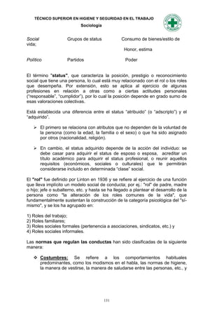 TÉCNICO SUPERIOR EN HIGIENE Y SEGURIDAD EN EL TRABAJO
                            Sociología


Social               Grupos de status            Consumo de bienes/estilo de
vida;
                                                   Honor, estima

Político             Partidos                      Poder


El término "status", que caracteriza la posición, prestigio o reconocimiento
social que tiene una persona, lo cual está muy relacionado con el rol o los roles
que desempeña. Por extensión, esto se aplica al ejercicio de algunas
profesiones en relación a otras como a ciertas actitudes personales
(“responsable”, “cumplidor”), por lo cual la posición depende en grado sumo de
esas valoraciones colectivas.

Está establecida una diferencia entre el status “atribuido” (o “adscripto”) y el
“adquirido”.

    El primero se relaciona con atributos que no dependen de la voluntad de
     la persona (como la edad, la familia o el sexo) o que ha sido asignado
     por otros (nacionalidad, religión).

    En cambio, el status adquirido depende de la acción del individuo: se
     debe casar para adquirir el status de esposo o esposa, acreditar un
     título académico para adquirir el status profesional, o reunir aquellos
     requisitos (económicos, sociales o culturales) que le permitirán
     considerarse incluido en determinada “clase” social.

El "rol" fue definido por Linton en 1936 y se refiere al ejercicio de una función
que lleva implícito un modelo social de conducta; por ej.: "rol" de padre, madre
o hijo; jefe o subalterno, etc. y hasta se ha llegado a plantear el desarrollo de la
persona como "la alteración de los roles comunes de la vida", que
fundamentalmente sustentan la construcción de la categoría psicológica del "sí-
mismo", y se los ha agrupado en:

1) Roles del trabajo;
2) Roles familiares;
3) Roles sociales formales (pertenencia a asociaciones, sindicatos, etc.) y
4) Roles sociales informales.

Las normas que regulan las conductas han sido clasificadas de la siguiente
manera:

    Costumbres: Se refiere a los comportamientos habituales
     predominantes, como los modismos en el habla, las normas de higiene,
     la manera de vestirse, la manera de saludarse entre las personas, etc., y




                                         131
 