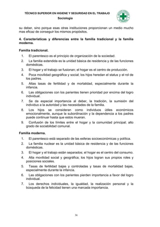 TÉCNICO SUPERIOR EN HIGIENE Y SEGURIDAD EN EL TRABAJO
                            Sociología


su deber, sino porque esas otras instituciones proporcionan un medio mucho
mas eficaz de conseguir los mismos propósitos.

4. Características y diferencias entre la familia tradicional y la familia
moderna.

Familia tradicional.
 1.     El parentesco es el principio de organización de la sociedad.
 2.    La familia extendida es la unidad básica de residencia y de las funciones
      domésticas.
 3.     El hogar y el trabajo se fusionan; el hogar es el centro de producción.
 4.     Poca movilidad geográfica y social; los hijos heredan el status y el rol de
      los padres.
 5.     Altas tasas de fertilidad y de mortalidad, especialmente durante la
      infancia.
 6.     Las obligaciones con los parientes tienen prioridad por encima del logro
      individual.
 7.     Se da especial importancia al deber, la tradición, la sumisión del
      individuo a la autoridad y las necesidades de la familia.
 8.    Los hijos se consideran como individuos útiles económicos
      emocionalmente, aunque la subordinación y la dependencia a los padres
      puede continuar hasta que estos mueran.
 9.     Confusión de los límites entre el hogar y la comunidad principal; alto
      grado de sociabilidad comunal.

Familia moderna.
 1.     El parentesco está separado de las esferas socioeconómicas y política.
 2.    La familia nuclear es la unidad básica de residencia y de las funciones
      domésticas.
 3.     El hogar y el trabajo están separados; el hogar es el centro del consumo.
 4.    Alta movilidad social y geográfica; los hijos logran sus propios roles y
      posiciones sociales.
 5.     Tasas de fertilidad bajas y controladas y tasas de mortalidad bajas,
      especialmente durante la infancia.
 6.     Las obligaciones con los parientes pierden importancia a favor del logro
      individual.
 7.    Los derechos individuales, la igualdad, la realización personal y la
      búsqueda de la felicidad tienen una marcada importancia.




                                         36
 