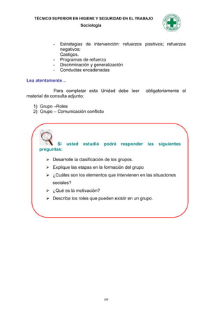 TÉCNICO SUPERIOR EN HIGIENE Y SEGURIDAD EN EL TRABAJO
                         Sociología



           -   Estrategias de intervención: refuerzos positivos; refuerzos
               negativos;
               Castigos.
           -   Programas de refuerzo
           -   Discriminación y generalización
           -   Conductas encadenadas

Lea atentamente…

             Para completar esta Unidad debe leer         obligatoriamente el
material de consulta adjunto:

  1) Grupo –Roles
  2) Grupo – Comunicación conflicto




             Si usted     estudió     podrá   responder   las   siguientes
     preguntas:

         Desarrolle la clasificación de los grupos.
         Explique las etapas en la formación del grupo
         ¿Cuáles son los elementos que intervienen en las situaciones
           sociales?
         ¿Qué es la motivación?
         Describa los roles que pueden existir en un grupo.




                                      69
 