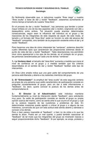 TÉCNICO SUPERIOR EN HIGIENE Y SEGURIDAD EN EL TRABAJO
                           Sociología


Es fácilmente observable que, si reducimos nuestra “Área ciega” y nuestra
“Área oculta” a base de dar y recibir “feedback”, estaremos aumentando al
mismo tiempo el tamaño de nuestra “Área libre”.

En el proceso de dar y recibir “feedback”, hay personas que tienden a poner
mayor énfasis en uno de los dos aspectos (dar o recibir), originando con ello u
desequilibrio entre ambos. Tal situación puede acarrear determinadas
consecuencias, según sean la influencia del individuo en el grupo y las
reacciones de los integrantes de éste respecto de aquél. De este modo, el
tamaño y el formato del “Área libre” están en función no sólo del alcance del
“feedback” compartido, sino también de la proporción existente entre el dar y el
recibir “feedback”.

Para hacernos una idea de cómo interpretar las “ventanas”, podemos describir
cuatro diferentes tipos que caracterizan las proporciones extremas desde el
punto de vista del dar y recibir “feedback”. Tales descripciones nos permitirán
intuir cómo aparecerían a los ojos de los demás, en el contexto de un grupo,
las personas caracterizadas por cada una de dichas “ventanas”.

1.- La Ventana ideal: el tamaño del “área libre” aumenta a medida que crece el
nivel de confianza en el grupo y a medida también que los criterios
desarrollados en el sentido de dar y recibir “feedback” facilitan este tipo de
intercambio.

Un Área Libre amplia indica que una gran parte del comportamiento de una
persona está liberada y abierta a los restantes miembros del grupo.

2.- El “Entrevistador”: la amplitud del “área oculta” de esta segunda ventana
es propia de una persona cuyo estilo característico de participación consiste en
preguntar constantemente al grupo, pero sin dar a éste informaciones o
“feedback”. Es decir, quiere conocer la postura de los demás antes de
comprometerse él.

3.-     El Director (o el Adoctrinador): este individuo mantiene
fundamentalmente su nivel de interacción dando “feedback”, pero solicitando
muy poco. Su estilo de participación consiste en decirle al grupo su propia
opinión acerca del mismo, cómo se siente ante lo que ocurre en el grupo y cual
es su postura respecto de las cuestiones y problemas de éste. En
determinadas ocasiones puede agredir o criticar al grupo o a alguno de sus
miembros, convencido de que con esta actitud está siendo abierto y dándose a
conocer a los demás.
Pero o bien parece insensible al “feedback”, o bien no da oídos a lo que los
demás le dicen. Podrá ser un mal oyente, o podrá también reaccionar al
“feedback” de tal modo que los integrantes del grupo se mostrarán reacios a
seguir proporcionándole dicho “feedback”. Si por ejemplo, se enoja, protesta y




                                        91
 