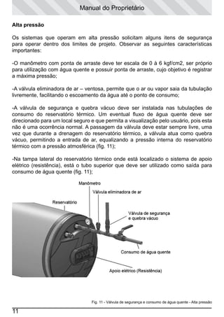 Manual do Proprietário
Alta pressão
Os sistemas que operam em alta pressão solicitam alguns itens de segurança
para operar dentro dos limites de projeto. Observar as seguintes características
importantes:
-O manômetro com ponta de arraste deve ter escala de 0 à 6 kgf/cm2, ser próprio
para utilização com água quente e possuir ponta de arraste, cujo objetivo é registrar
a máxima pressão;
-A válvula eliminadora de ar – ventosa, permite que o ar ou vapor saia da tubulação
livremente, facilitando o escoamento da água até o ponto de consumo;
-A válvula de segurança e quebra vácuo deve ser instalada nas tubulações de
consumo do reservatório térmico. Um eventual fluxo de água quente deve ser
direcionado para um local seguro e que permita a visualização pelo usuário, pois esta
não é uma ocorrência normal. A passagem da válvula deve estar sempre livre, uma
vez que durante a drenagem do reservatório térmico, a válvula atua como quebra
vácuo, permitindo a entrada de ar, equalizando a pressão interna do reservatório
térmico com a pressão atmosférica (fig. 11);
-Na tampa lateral do reservatório térmico onde está localizado o sistema de apoio
elétrico (resistência), está o tubo superior que deve ser utilizado como saída para
consumo de água quente (fig. 11);

Fig. 11 - Válvula de segurança e consumo de água quente - Alta pressão

11

 