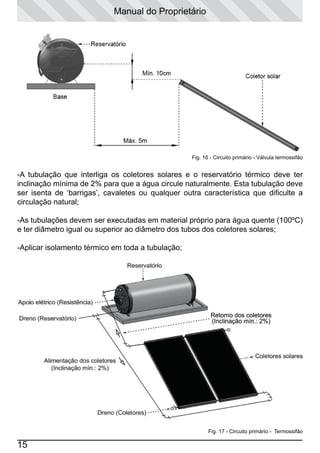 Manual do Proprietário

Fig. 16 - Circuito primário - Válvula termossifão

-A tubulação que interliga os coletores solares e o reservatório térmico deve ter
inclinação mínima de 2% para que a água circule naturalmente. Esta tubulação deve
ser isenta de ‘barrigas’, cavaletes ou qualquer outra característica que dificulte a
circulação natural;
-As tubulações devem ser executadas em material próprio para água quente (100ºC)
e ter diâmetro igual ou superior ao diâmetro dos tubos dos coletores solares;
-Aplicar isolamento térmico em toda a tubulação;

Fig. 17 - Circuito primário - Termossifão

15

 