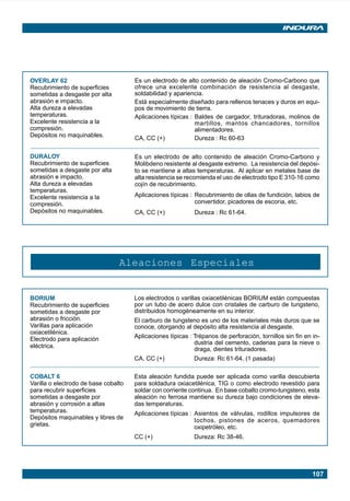 OVERLAY 62                            Es un electrodo de alto contenido de aleación Cromo-Carbono que
          Recubrimiento de superficies          ofrece una excelente combinación de resistencia al desgaste,
          sometidas a desgaste por alta         soldabilidad y apariencia.
          abrasión e impacto.                   Está especialmente diseñado para rellenos tenaces y duros en equi-
          Alta dureza a elevadas                pos de movimiento de tierra.
          temperaturas.                         Aplicaciones típicas : Baldes de cargador, trituradoras, molinos de
          Excelente resistencia a la                                   martillos, mantos chancadores, tornillos
          compresión.                                                  alimentadores.
          Depósitos no maquinables.             CA, CC (+)             Dureza : Rc 60-63

          DURALOY                               Es un electrodo de alto contenido de aleación Cromo-Carbono y
          Recubrimiento de superficies          Molibdeno resistente al desgaste extremo. La resistencia del depósi-
          sometidas a desgaste por alta         to se mantiene a altas temperaturas. Al aplicar en metales base de
          abrasión e impacto.                   alta resistencia se recomienda el uso de electrodo tipo E 310-16 como
          Alta dureza a elevadas                cojín de recubrimiento.
          temperaturas.
          Excelente resistencia a la            Aplicaciones típicas : Recubrimiento de ollas de fundición, labios de
          compresión.                                                  convertidor, picadores de escoria, etc.
          Depósitos no maquinables.             CA, CC (+)             Dureza : Rc 61-64.




                                           Aleaciones Especiales


          BORIUM                                Los electrodos o varillas oxiacetilénicas BORIUM están compuestas
          Recubrimiento de superficies          por un tubo de acero dulce con cristales de carburo de tungsteno,
          sometidas a desgaste por              distribuidos homogéneamente en su interior.
          abrasión o fricción.                  El carburo de tungsteno es uno de los materiales más duros que se
          Varillas para aplicación              conoce, otorgando al depósito alta resistencia al desgaste.
          oxiacetilénica.
          Electrodo para aplicación             Aplicaciones típicas : Trépanos de perforación, tornillos sin fin en in-
                                                                       dustria del cemento, cadenas para la nieve o
          eléctrica.
                                                                       draga, dientes trituradores.
                                                CA, CC (+)             Dureza: Rc 61-64. (1 pasada)

          COBALT 6                              Esta aleación fundida puede ser aplicada como varilla descubierta
          Varilla o electrodo de base cobalto   para soldadura oxiacetilénica, TIG o como electrodo revestido para
          para recubrir superficies             soldar con corriente continua. En base cobalto cromo-tungsteno, esta
          sometidas a desgaste por              aleación no ferrosa mantiene su dureza bajo condiciones de eleva-
          abrasión y corrosión a altas          das temperaturas.
          temperaturas.                         Aplicaciones típicas : Asientos de válvulas, rodillos impulsores de
          Depósitos maquinables y libres de                            tochos, pistones de aceros, quemadores
          grietas.                                                     oxipetróleo, etc.
                                                CC (+)                 Dureza: Rc 38-46.




                                                                                                                     107




Manual pag 105-110 ok             107                                             1/10/02, 18:59
 