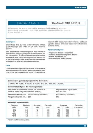 INDURA 29-9 S                                    Clasificación AWS: E-312-16

                                                    ¥ Corriente alterna.
          ¥ Electrodo de acero inoxidable austeno-ferr tico
          ¥ Corriente continua. Electrodo positivo ¥ Revestimiento: Celeste
          ¥ Toda posici n




      Descripción                                                  electrodo 29-9 S es sumamente resistente a las fisuras
                                                                   y grietas debido a las dos fases microestructurales
      El electrodo 29-9 S posee un revestimiento rutílico,
                                                                   austenita-ferrita.
      que lo hace apto para soldar con CA o CC, electrodo
      positivo.
                                                                   Aplicaciones típicas
      Este electrodo se caracteriza por un arco estable de
                                                                   •   Reparación de ejes y engranajes
      transferencia spray cuyo depósito es de excelente for-
                                                                   •   Rellenos de aceros templables difíciles
      ma y apariencia. Su escoria se desprende fácilmente,
                                                                   •   Aceros inoxidables 312
      además de tener una buena reanudación del arco por
                                                                   •   Soldabilidad de aceros difíciles
      lo que se aconseja usarlo en soldaduras intermitentes.
      El depósito es de acero inoxidable austenítico.

      Usos
      Lo recomendamos para soldar aceros inoxidables de
      alta resistencia tipo 312 y para aceros de diferente com-
      posición en que uno es alto en níquel. El depósito del




          Composición química (típica) del metal depositado:
          C 0,11%; Mn 1,25%; P 0,02%; S 0,02%; Si 0,70%; Ni 9,2%; Cr 29,5%
          Características típicas del metal depositado:
          Resultados de pruebas de tracción con probetas de                     Requerimientos según norma
          metal de aporte (según norma AWS: A5.4-92):                           AWS: A5.4-92:
          Resistencia a la tracción : 120.000 lb/pulg2 (828 MPa)                95.000 lb/pulg2 (660 MPa)
          Alargamiento en 50 mm. : 36%                                          22%


          Amperajes recomendados:
               Diámetro          Electrodo    Longitud        Electrodo                 Amperaje          Electrodos
                 pulg.             mm.          pulg.           mm.              min.         máx.        x kg. aprox.
                   3/32             2,4           12              300             70               100           55
                   1/8              3,2           14              350             90               120           31
                  *5/32             4,0           14              350            120               160           21
                  *3/16             4,8           14              350            150               225           10

          * Electrodos fabricados a pedido



                                                                                                                         55




Manual pag 025-073 ok               55                                                1/10/02, 18:58
 