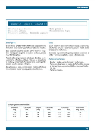 INDURA Speed Chamfer
          ¥ Electrodo para biselar                 ¥ Toda posici n
          ¥ Corriente alterna                      ¥ Revestimiento: Negro
          ¥ Corriente continua. Electrodo negativo




      Descripción                                                  Usos
      El electrodo SPEED CHAMFER está especialmente                Es un electrodo especialmente diseñado para biselar,
      formulado para biselar y achaflanar todos los metales.       achaflanar, ranurar y acanalar cualquier metal, tanto
                                                                   ferroso como no ferroso.
      Este electrodo se utiliza con CA o CC, electrodo nega-
      tivo. No requiere oxígeno, ni equipos costosos, siendo       Es usado especialmente para preparar secciones a
      muy fácil de aplicar.                                        soldar y eliminar depósitos viejos o defectuosos.
      Resiste altos amperajes sin afectarse, debido a su re-
                                                                   Aplicaciones típicas
      vestimiento refractario, el cual evita que se precaliente
      el núcleo y concentra la fuerza del arco para lograr bi-     • Biselar y cortar aceros ferrosos y no ferrosos.
      seles o canales parejos y limpios.                           • Remoción de grietas en piezas de Fe fundido, Aceros
                                                                     al Manganeso, Aceros inoxidables, Aceros al carbo-
      Es aplicable en toda posición sobre metales difíciles o
                                                                     no, etc.
      imposibles de biselar con equipos oxiacetilénicos.
                                                                   • Perforar metales.




          Amperajes recomendados:
               Diámetro        Electrodo       Longitud       Electrodo               Amperaje         Electrodos
                 pulg.           mm.             pulg.          mm.            min.         máx.       x kg. aprox.
                    1/8           3,2             14              350          200             250         24
                   5/32           4,0             14              350          300             400         15
                   3/16           4,8             14              350          350             500         12




                                                                                                                      73




Manual pag 025-073 ok            73                                               1/10/02, 18:58
 