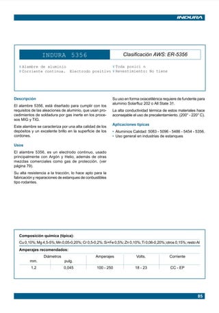 INDURA 5356                                   Clasificación AWS: ER-5356

          ¥ Alambre de aluminio                    ¥ Toda posici n
          ¥ Corriente continua. Electrodo positivo ¥ Revestimiento: No tiene




      Descripción                                                Su uso en forma oxiacetilénica requiere de fundente para
                                                                 aluminio Solarfluz 202 o All State 31.
      El alambre 5356, está diseñado para cumplir con los
      requisitos de las aleaciones de aluminio, que usan pro-    La alta conductividad térmica de estos materiales hace
      cedimientos de soldadura por gas inerte en los proce-      aconsejable el uso de precalentamiento. (200° - 220° C).
      sos MIG y TIG.
                                                                 Aplicaciones típicas
      Este alambre se caracteriza por una alta calidad de los
      depósitos y un excelente brillo en la superficie de los    • Aluminios Calidad: 5083 - 5096 - 5486 - 5454 - 5356.
      cordones.                                                  • Uso general en industrias de estanques

      Usos
      El alambre 5356, es un electrodo continuo, usado
      principalmente con Argón y Helio, además de otras
      mezclas comerciales como gas de protección. (ver
      página 79).
      Su alta resistencia a la tracción, lo hace apto para la
      fabricación y reparaciones de estanques de conbustibles
      tipo rodantes.




          Composición química (típica):
          Cu 0,10%; Mg 4,5-5%; Mn 0,05-0,20%; Cr 0,5-0,2%; Si+Fe 0,5%; Zn 0,10%; Ti 0,06-0,20%; otros 0,15%; resto Al
          Amperajes recomendados:
                         Diámetros                     Amperajes               Volts.              Corriente
                   mm.                pulg.
                   1,2                0,045             100 - 250             18 - 23               CC - EP




                                                                                                                    85




Manual pag 074-085 ok            85                                              1/10/02, 18:58
 
