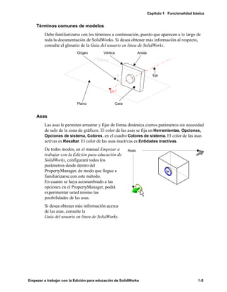 Capítulo 1 Funcionalidad básica
Empezar a trabajar con la Edición para educación de SolidWorks 1-5
Términos comunes de modelos
Debe familiarizarse con los términos a continuación, puesto que aparecen a lo largo de
toda la documentación de SolidWorks. Si desea obtener más información al respecto,
consulte el glosario de la Guía del usuario en línea de SolidWorks.
Asas
Las asas le permiten arrastrar y fijar de forma dinámica ciertos parámetros sin necesidad
de salir de la zona de gráficos. El color de las asas se fija en Herramientas, Opciones,
Opciones de sistema, Colores, en el cuadro Colores de sistema. El color de las asas
activas es Resaltar. El color de las asas inactivas es Entidades inactivas.
De todos modos, en el manual Empezar a
trabajar con la Edición para educación de
SolidWorks, configurará todos los
parámetros desde dentro del
PropertyManager, de modo que llegue a
familiarizarse con este método.
En cuanto se haya acostumbrado a las
opciones en el PropertyManager, podrá
experimentar usted mismo las
posibilidades de las asas.
Si desea obtener más información acerca
de las asas, consulte la
Guía del usuario en línea de SolidWorks.
Eje
CaraPlano
Origen Vértice Arista
Asas
 