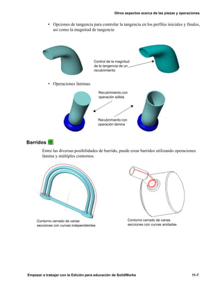 Otros aspectos acerca de las piezas y operaciones
Empezar a trabajar con la Edición para educación de SolidWorks 11-7
• Opciones de tangencia para controlar la tangencia en los perfiles iniciales y finales,
así como la magnitud de tangencia
• Operaciones láminas.
Barridos
Entre las diversas posibilidades de barrido, puede crear barridos utilizando operaciones
lámina y múltiples contornos.
Control de la magnitud
de la tangencia de un
recubrimiento
Recubrimiento con
operación sólida
Recubrimiento con
operación lámina
Contorno cerrado de varias
secciones con curvas independientes
Contorno cerrado de varias
secciones con curvas anidadas
 
