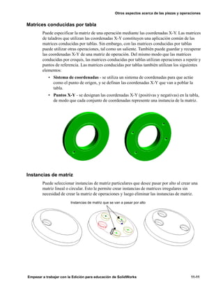 Otros aspectos acerca de las piezas y operaciones
Empezar a trabajar con la Edición para educación de SolidWorks 11-11
Matrices conducidas por tabla
Puede especificar la matriz de una operación mediante las coordenadas X-Y. Las matrices
de taladros que utilizan las coordenadas X-Y constituyen una aplicación común de las
matrices conducidas por tablas. Sin embargo, con las matrices conducidas por tablas
puede utilizar otras operaciones, tal como un saliente. También puede guardar y recuperar
las coordenadas X-Y de una matriz de operación. Del mismo modo que las matrices
conducidas por croquis, las matrices conducidas por tablas utilizan operaciones a repetir y
puntos de referencia. Las matrices conducidas por tablas también utilizan los siguientes
elementos:
• Sistema de coordenadas - se utiliza un sistema de coordenadas para que actúe
como el punto de origen, y se definan las coordenadas X-Y que van a poblar la
tabla.
• Puntos X-Y - se designan las coordenadas X-Y (positivas y negativas) en la tabla,
de modo que cada conjunto de coordenadas represente una instancia de la matriz.
Instancias de matriz
Puede seleccionar instancias de matriz particulares que desee pasar por alto al crear una
matriz lineal o circular. Esto le permite crear instancias de matrices irregulares sin
necesidad de crear la matriz de operaciones y luego eliminar las instancias de matriz.
Instancias de matriz que se van a pasar por alto
 