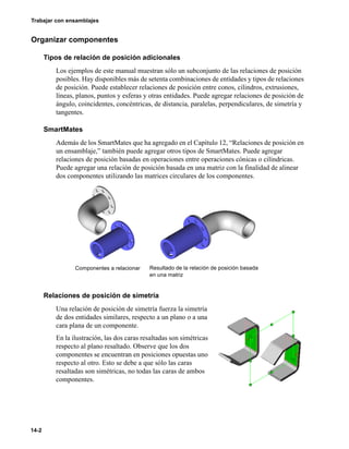 14-2
Trabajar con ensamblajes
Organizar componentes
Tipos de relación de posición adicionales
Los ejemplos de este manual muestran sólo un subconjunto de las relaciones de posición
posibles. Hay disponibles más de setenta combinaciones de entidades y tipos de relaciones
de posición. Puede establecer relaciones de posición entre conos, cilindros, extrusiones,
líneas, planos, puntos y esferas y otras entidades. Puede agregar relaciones de posición de
ángulo, coincidentes, concéntricas, de distancia, paralelas, perpendiculares, de simetría y
tangentes.
SmartMates
Además de los SmartMates que ha agregado en el Capítulo 12, “Relaciones de posición en
un ensamblaje,” también puede agregar otros tipos de SmartMates. Puede agregar
relaciones de posición basadas en operaciones entre operaciones cónicas o cilíndricas.
Puede agregar una relación de posición basada en una matriz con la finalidad de alinear
dos componentes utilizando las matrices circulares de los componentes.
Relaciones de posición de simetría
Una relación de posición de simetría fuerza la simetría
de dos entidades similares, respecto a un plano o a una
cara plana de un componente.
En la ilustración, las dos caras resaltadas son simétricas
respecto al plano resaltado. Observe que los dos
componentes se encuentran en posiciones opuestas uno
respecto al otro. Esto se debe a que sólo las caras
resaltadas son simétricas, no todas las caras de ambos
componentes.
Componentes a relacionar Resultado de la relación de posición basada
en una matriz
 