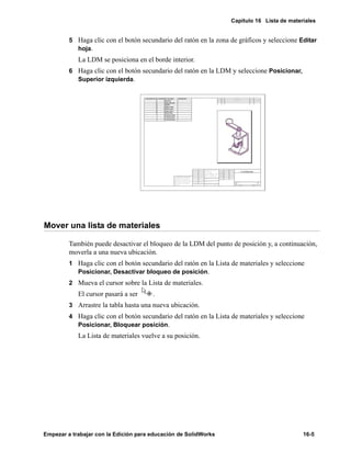 Capítulo 16 Lista de materiales
Empezar a trabajar con la Edición para educación de SolidWorks 16-5
5 Haga clic con el botón secundario del ratón en la zona de gráficos y seleccione Editar
hoja.
La LDM se posiciona en el borde interior.
6 Haga clic con el botón secundario del ratón en la LDM y seleccione Posicionar,
Superior izquierda.
Mover una lista de materiales
También puede desactivar el bloqueo de la LDM del punto de posición y, a continuación,
moverla a una nueva ubicación.
1 Haga clic con el botón secundario del ratón en la Lista de materiales y seleccione
Posicionar, Desactivar bloqueo de posición.
2 Mueva el cursor sobre la Lista de materiales.
El cursor pasará a ser .
3 Arrastre la tabla hasta una nueva ubicación.
4 Haga clic con el botón secundario del ratón en la Lista de materiales y seleccione
Posicionar, Bloquear posición.
La Lista de materiales vuelve a su posición.
 