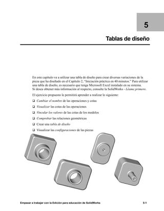 Empezar a trabajar con la Edición para educación de SolidWorks 5-1
5
Tablas de diseño
En este capítulo va a utilizar una tabla de diseño para crear diversas variaciones de la
pieza que ha diseñado en el Capítulo 2, “Iniciación práctica en 40 minutos.” Para utilizar
una tabla de diseño, es necesario que tenga Microsoft Excel instalado en su sistema.
Si desea obtener más información al respecto, consulte la SolidWorks - Léame primero.
El ejercicio propuesto le permitirá aprender a realizar lo siguiente:
q Cambiar el nombre de las operaciones y cotas
q Visualizar las cotas de las operaciones
q Vincular los valores de las cotas de los modelos
q Comprobar las relaciones geométricas
q Crear una tabla de diseño
q Visualizar las configuraciones de las piezas
 