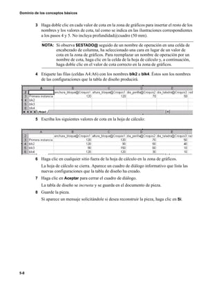 Dominio de los conceptos básicos
5-8
3 Haga doble clic en cada valor de cota en la zona de gráficos para insertar el resto de los
nombres y los valores de cota, tal como se indica en las ilustraciones correspondientes
a los pasos 4 y 5. No incluya profundidad@cuadro (50 mm).
4 Etiquete las filas (celdas A4:A6) con los nombres blk2 a blk4. Éstos son los nombres
de las configuraciones que la tabla de diseño producirá.
5 Escriba los siguientes valores de cota en la hoja de cálculo:
6 Haga clic en cualquier sitio fuera de la hoja de cálculo en la zona de gráficos.
La hoja de cálculo se cierra. Aparece un cuadro de diálogo informativo que lista las
nuevas configuraciones que la tabla de diseño ha creado.
7 Haga clic en Aceptar para cerrar el cuadro de diálogo.
La tabla de diseño se incrusta y se guarda en el documento de pieza.
8 Guarde la pieza.
Si aparece un mensaje solicitándole si desea reconstruir la pieza, haga clic en Sí.
NOTA: Si observa $ESTADO@ seguido de un nombre de operación en una celda de
encabezado de columna, ha seleccionado una cara en lugar de un valor de
cota en la zona de gráficos. Para reemplazar un nombre de operación por un
nombre de cota, haga clic en la celda de la hoja de cálculo y, a continuación,
haga doble clic en el valor de cota correcto en la zona de gráficos.
 