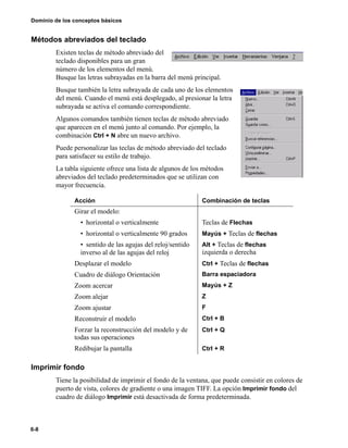 6-8
Dominio de los conceptos básicos
Métodos abreviados del teclado
Existen teclas de método abreviado del
teclado disponibles para un gran
número de los elementos del menú.
Busque las letras subrayadas en la barra del menú principal.
Busque también la letra subrayada de cada uno de los elementos
del menú. Cuando el menú está desplegado, al presionar la letra
subrayada se activa el comando correspondiente.
Algunos comandos también tienen teclas de método abreviado
que aparecen en el menú junto al comando. Por ejemplo, la
combinación Ctrl + N abre un nuevo archivo.
Puede personalizar las teclas de método abreviado del teclado
para satisfacer su estilo de trabajo.
La tabla siguiente ofrece una lista de algunos de los métodos
abreviados del teclado predeterminados que se utilizan con
mayor frecuencia.
Imprimir fondo
Tiene la posibilidad de imprimir el fondo de la ventana, que puede consistir en colores de
puerto de vista, colores de gradiente o una imagen TIFF. La opción Imprimir fondo del
cuadro de diálogo Imprimir está desactivada de forma predeterminada.
Acción Combinación de teclas
Girar el modelo:
• horizontal o verticalmente Teclas de Flechas
• horizontal o verticalmente 90 grados Mayús + Teclas de flechas
• sentido de las agujas del reloj/sentido
inverso al de las agujas del reloj
Alt + Teclas de flechas
izquierda o derecha
Desplazar el modelo Ctrl + Teclas de flechas
Cuadro de diálogo Orientación Barra espaciadora
Zoom acercar Mayús + Z
Zoom alejar Z
Zoom ajustar F
Reconstruir el modelo Ctrl + B
Forzar la reconstrucción del modelo y de
todas sus operaciones
Ctrl + Q
Redibujar la pantalla Ctrl + R
 